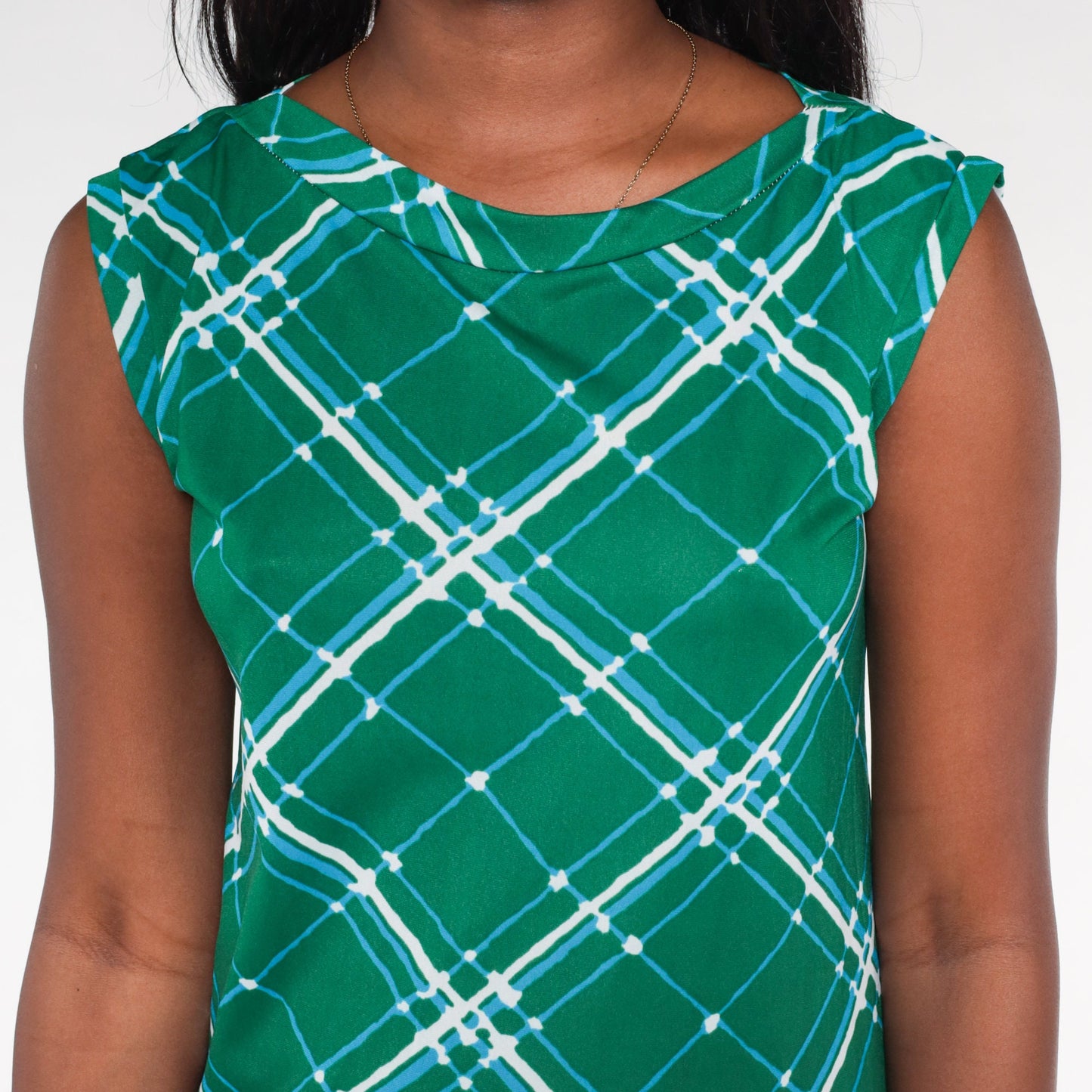 70s Green Lattice Print Shift Dress Sleeveless Mini A-Line Medium
