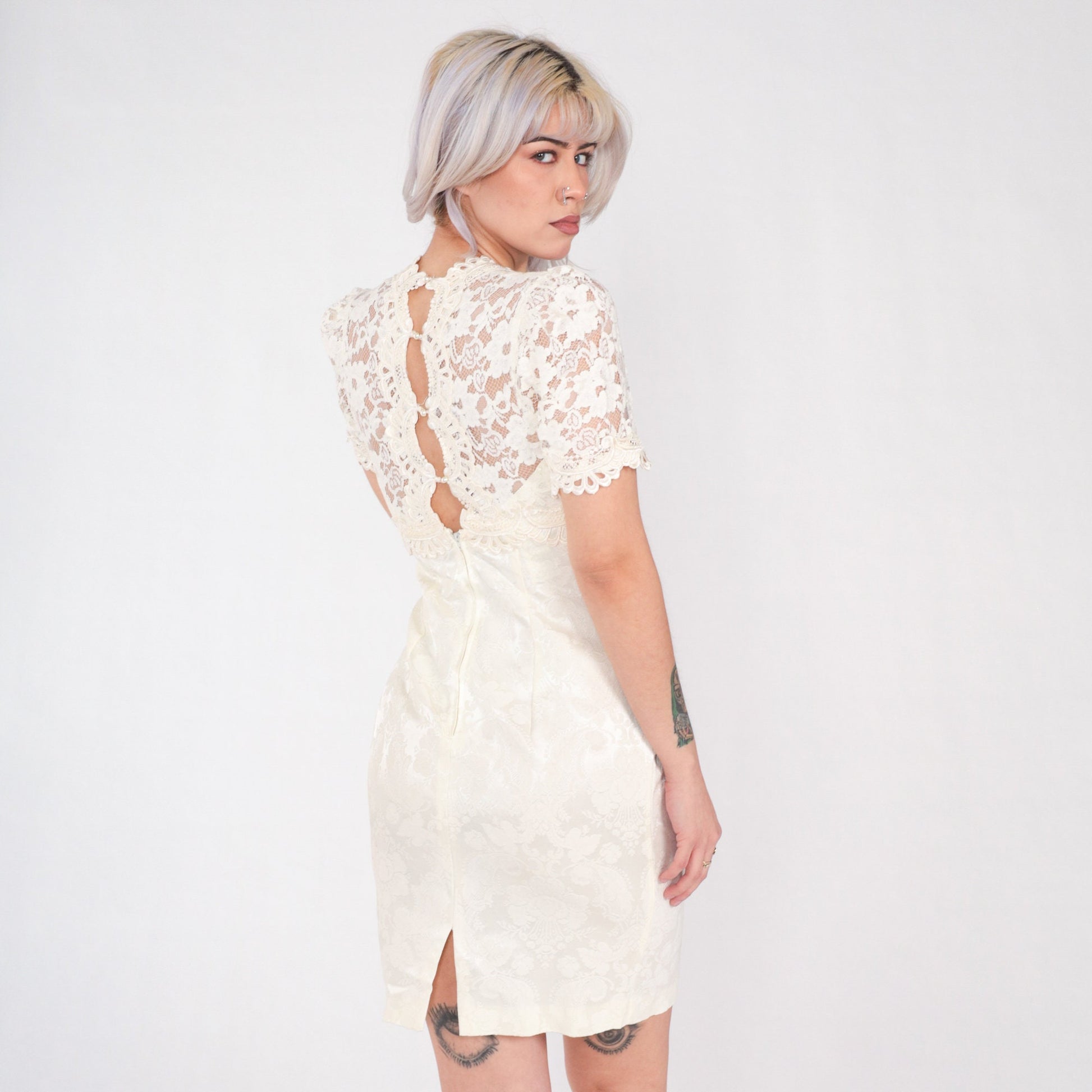 90s Scott McClintock Off-White Brocade Lace Mini Dress Short Sleeve Extra Small