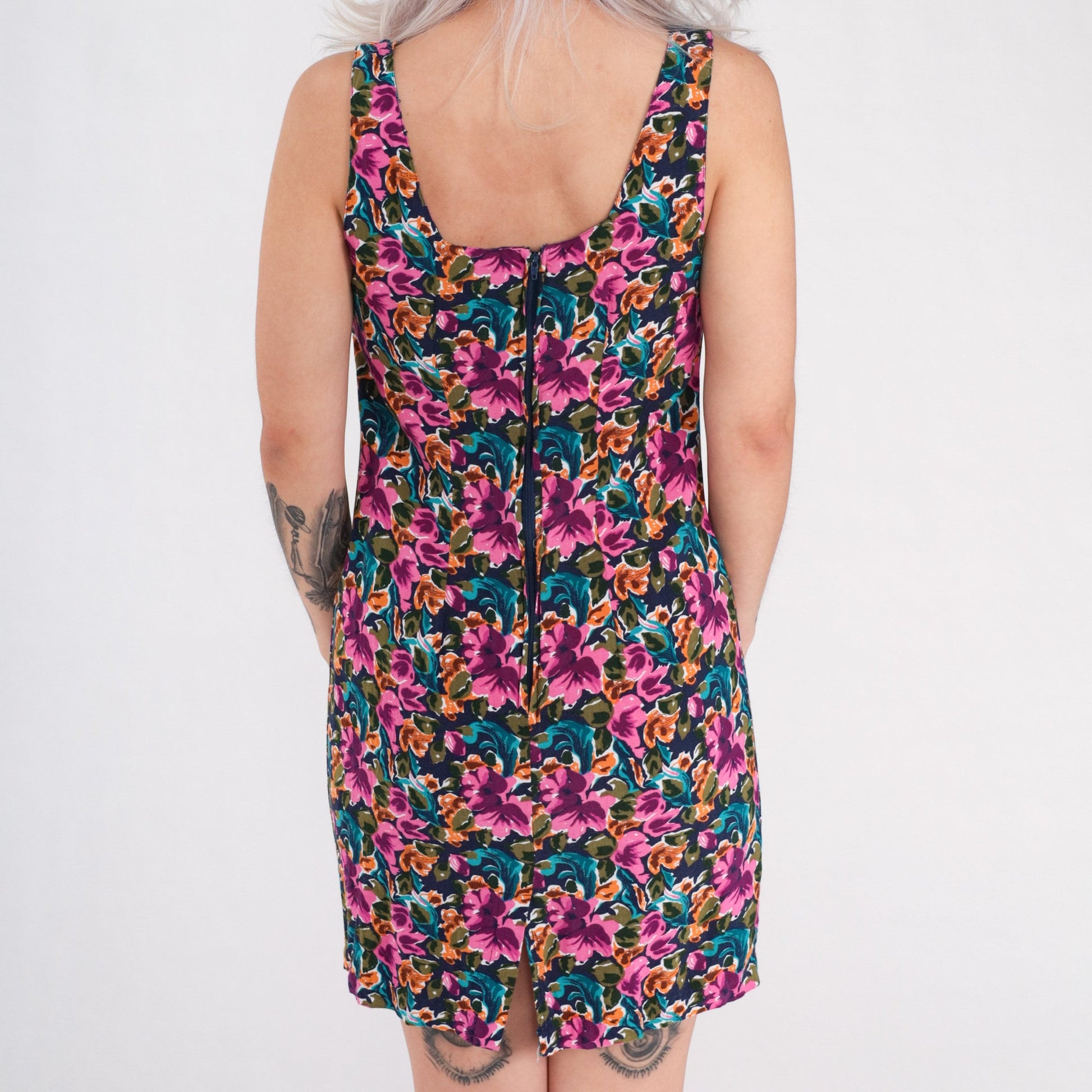90s Floral Rayon Mini Dress Multicolored Sleeveless Sheath Small S