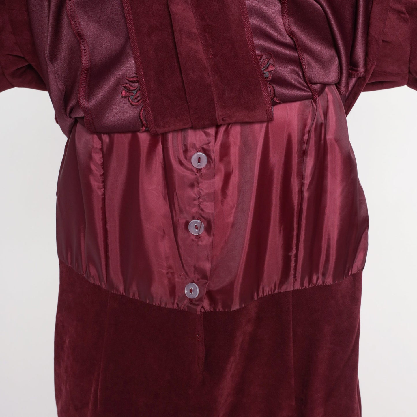 90s Karin Stevens Burgundy Floral Embroidered Midi Dress Long Sleeve Medium