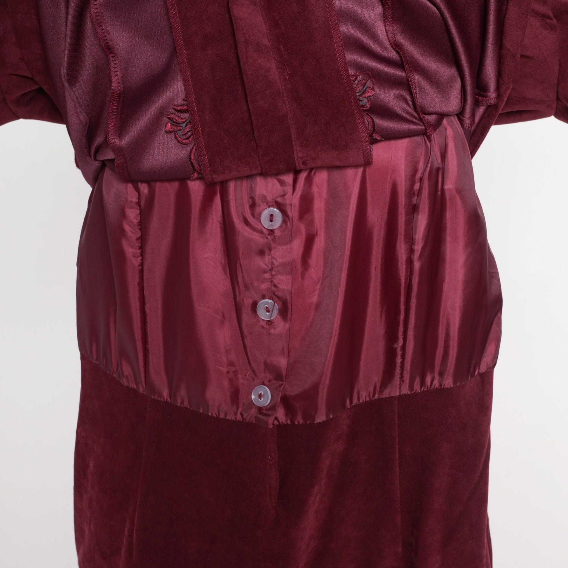 90s Karin Stevens Burgundy Floral Embroidered Midi Dress Long Sleeve Medium