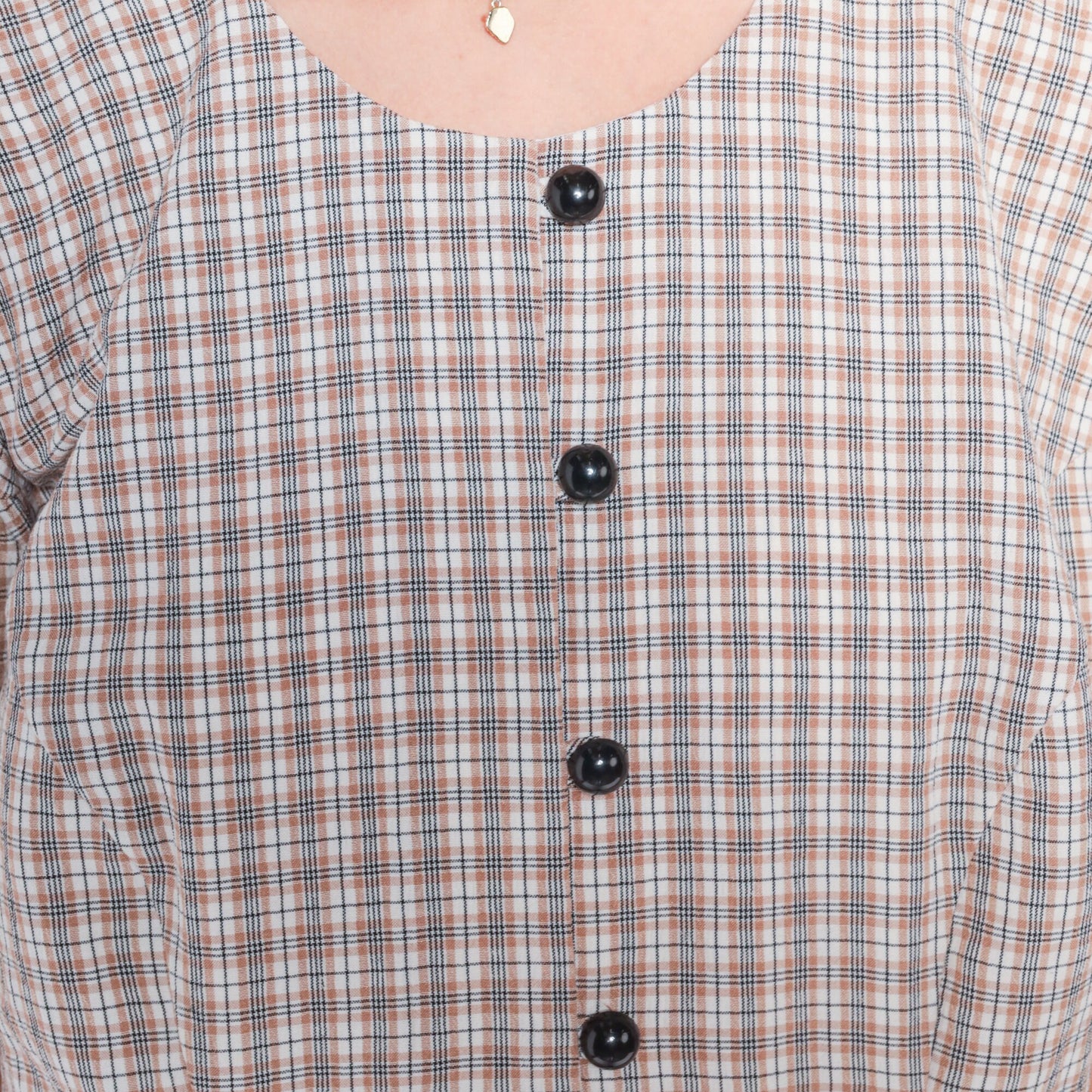90s Plaid Mini Dress White Tan Checkered Button-Up Shift Short Sleeve Large