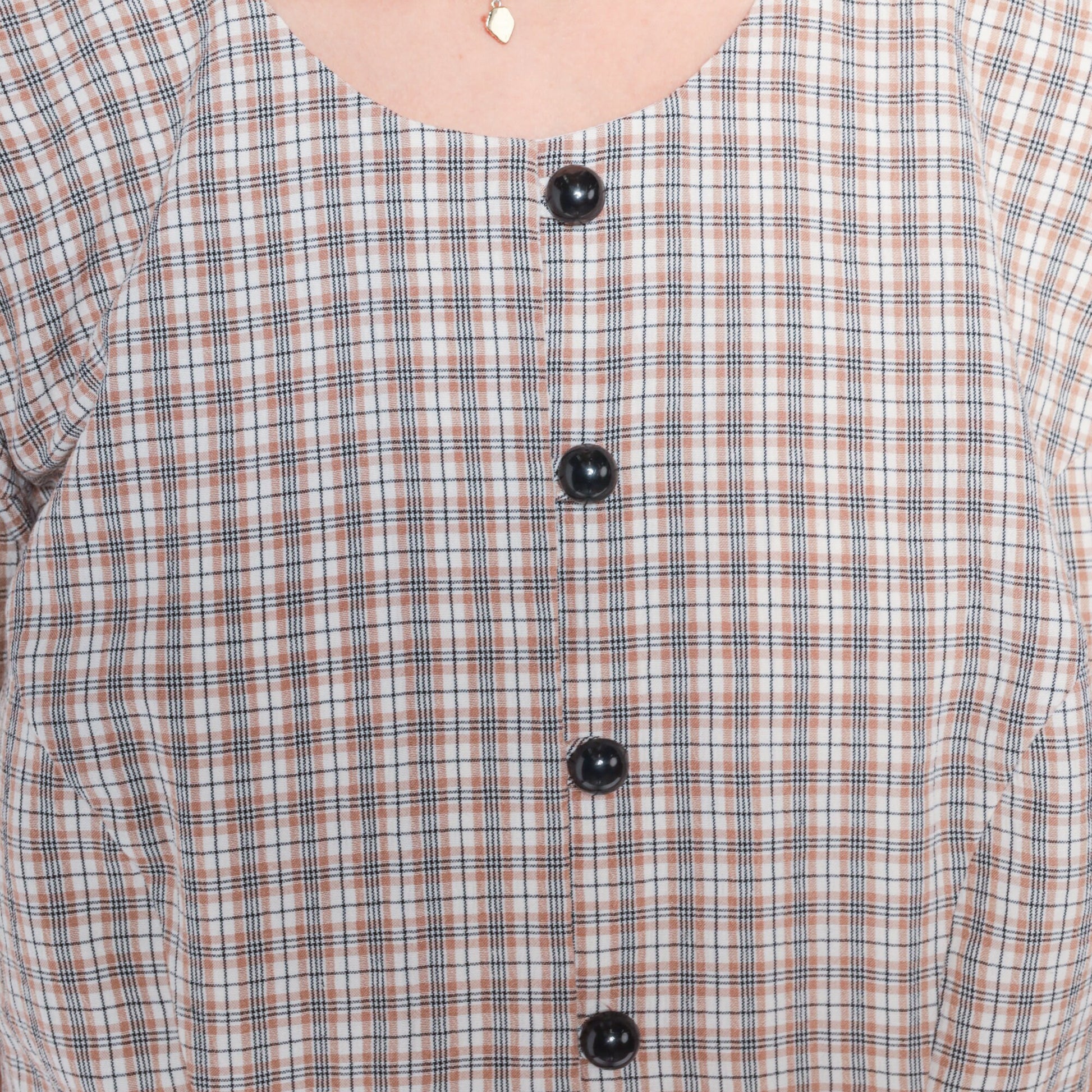 90s Plaid Mini Dress White Tan Checkered Button-Up Shift Short Sleeve Large