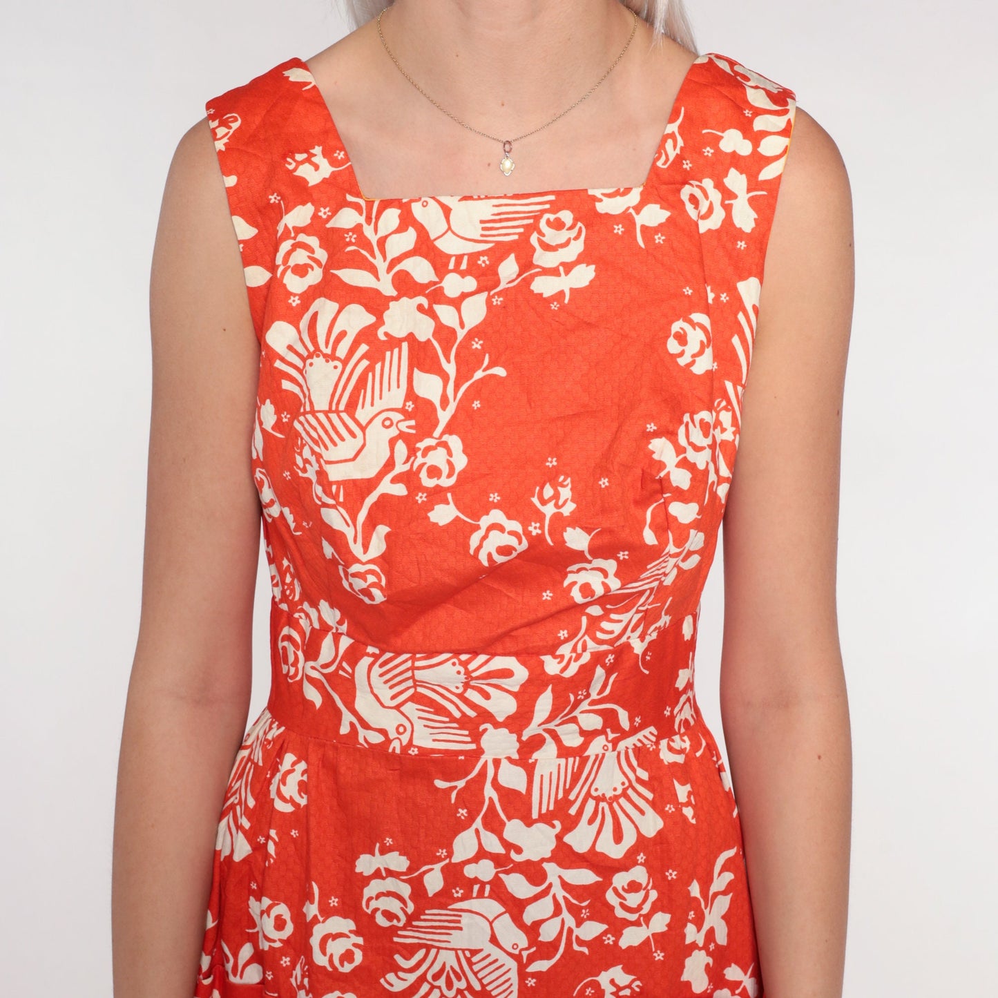70s Orange Bird Floral Maxi Dress High Waist Cotton Vintage Extra Small
