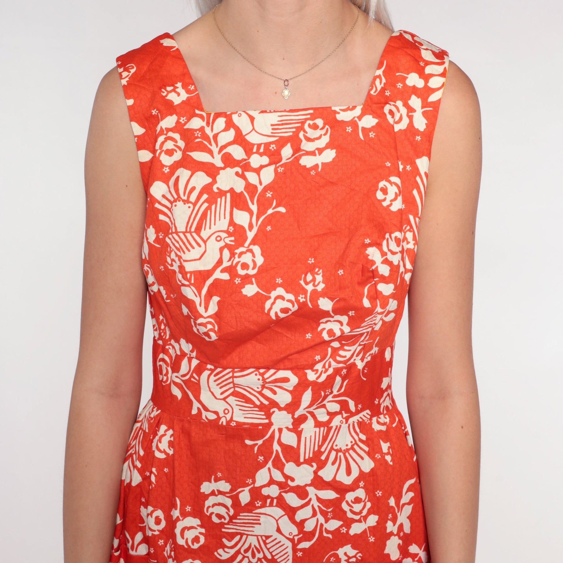 70s Orange Bird Floral Maxi Dress High Waist Cotton Vintage Extra Small