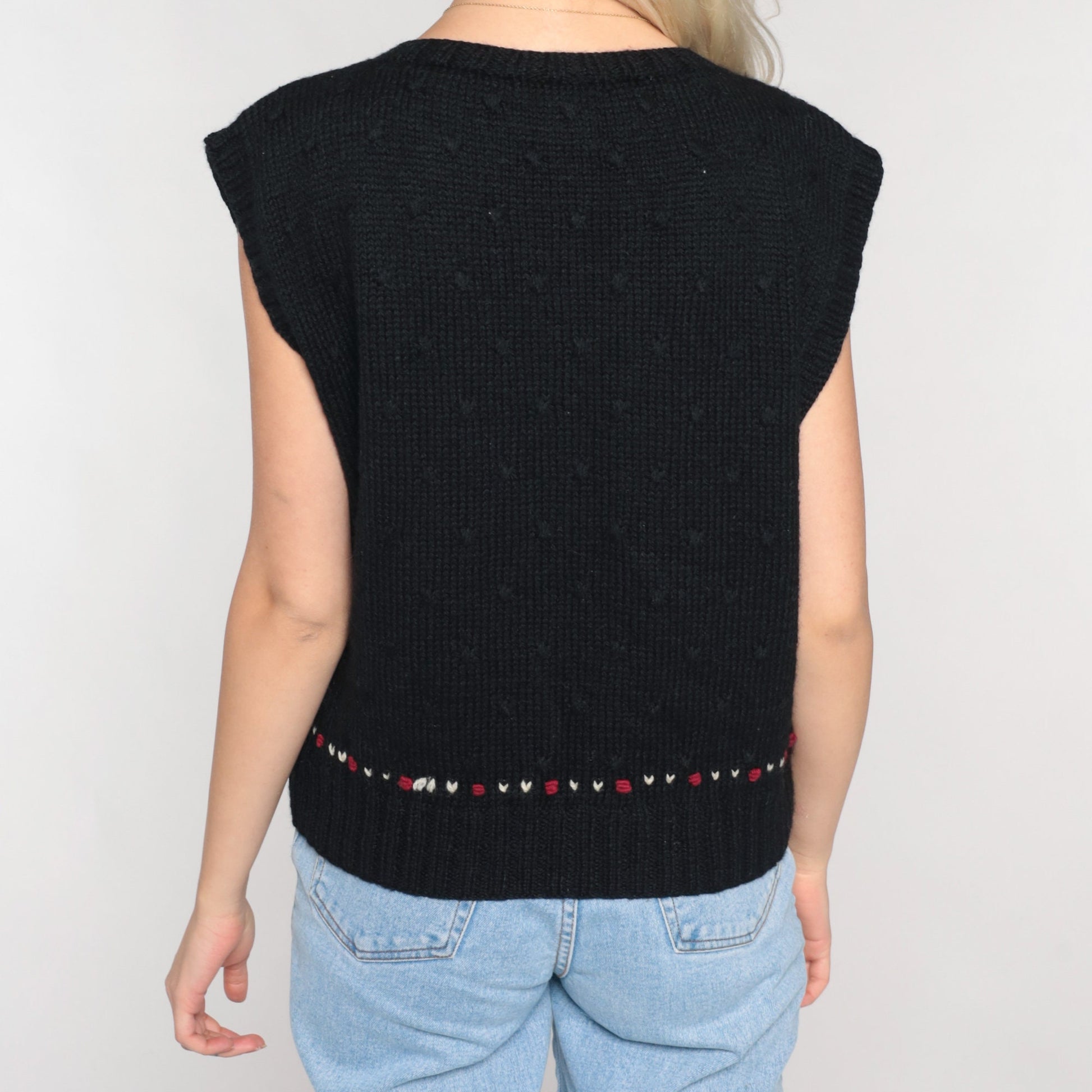 80s Black Wool Floral Button-Up Sweater Vest Red Flower Knit Large