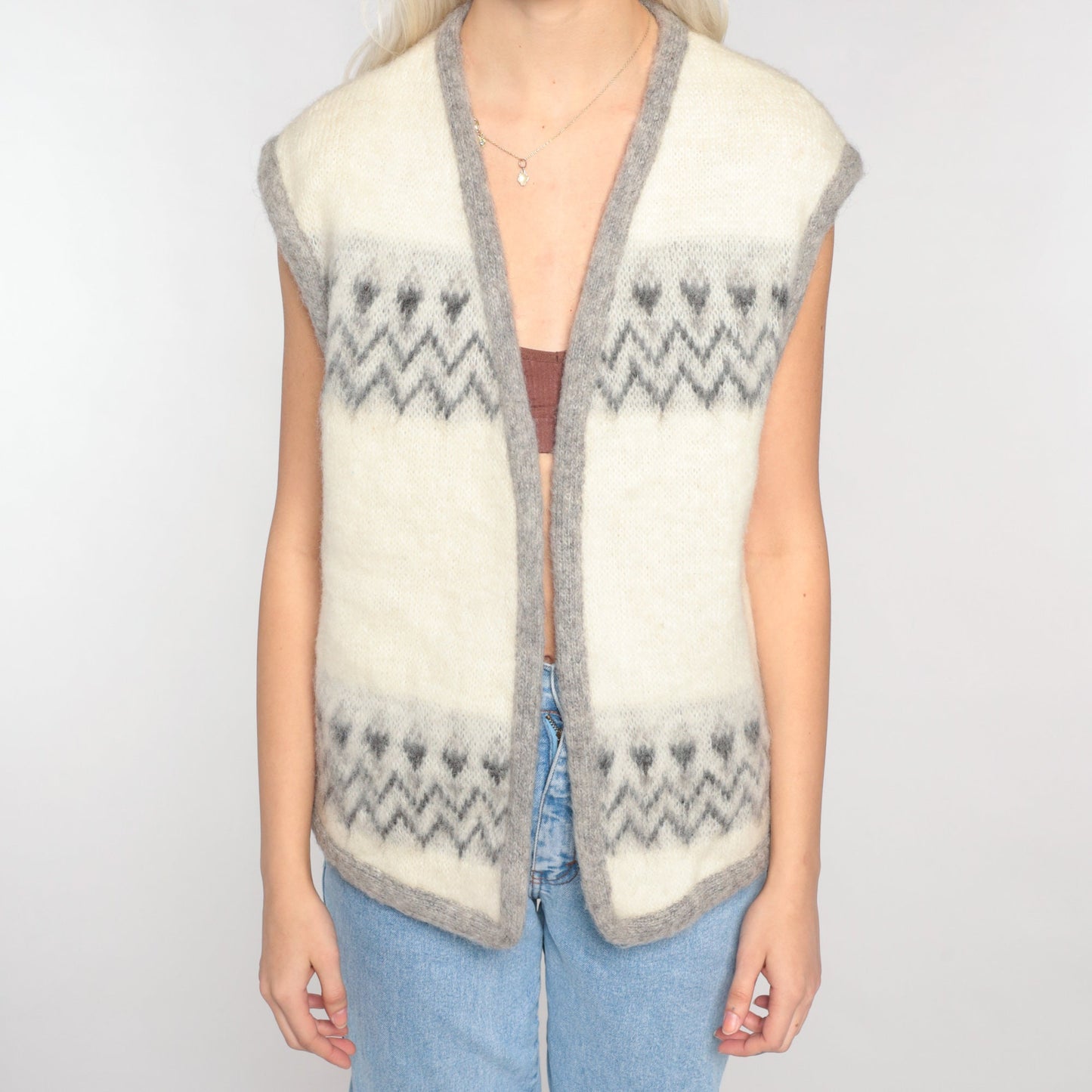 60s Wool Vest Cream Geometric Zig Zag Open Front Knit Small S