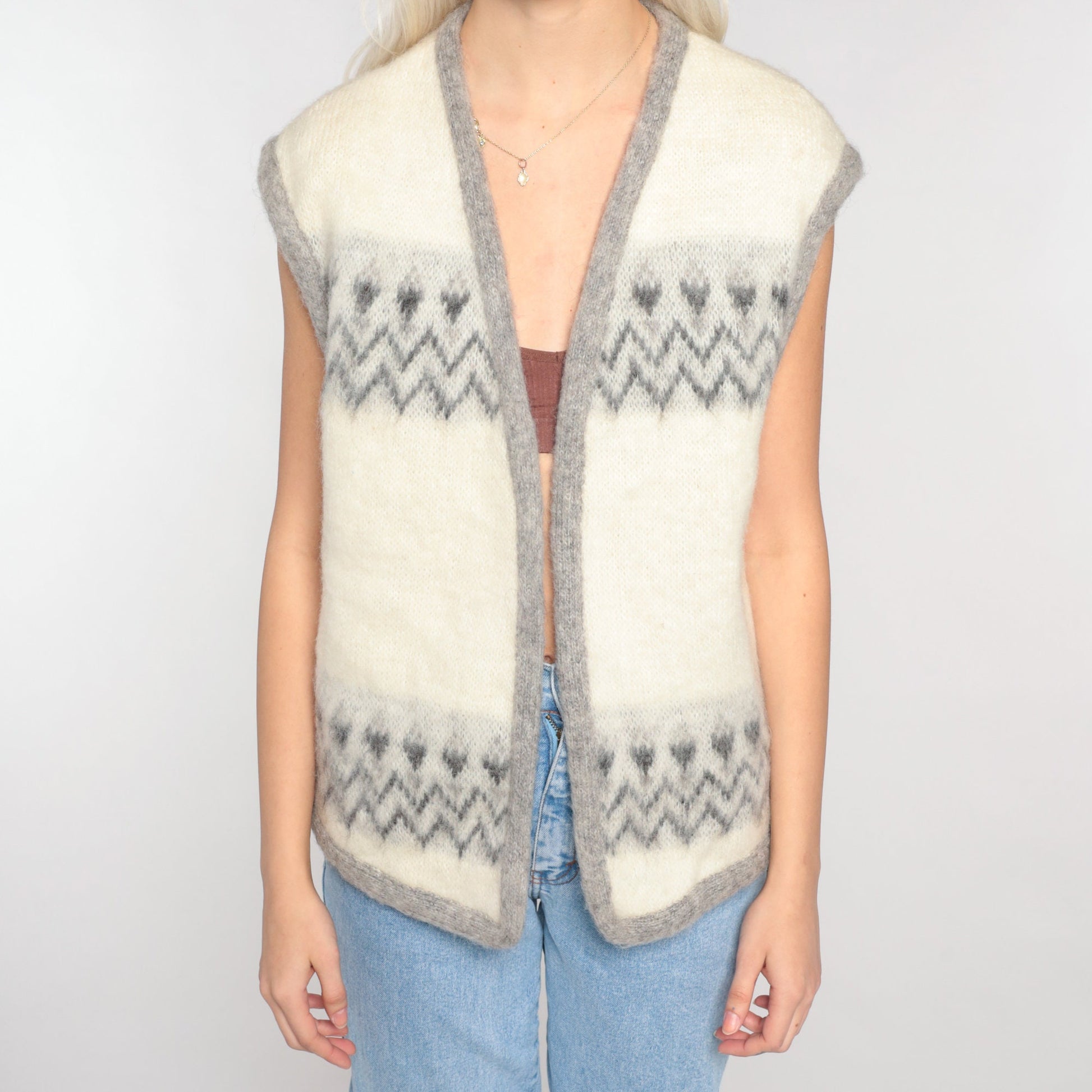60s Wool Vest Cream Geometric Zig Zag Open Front Knit Small S