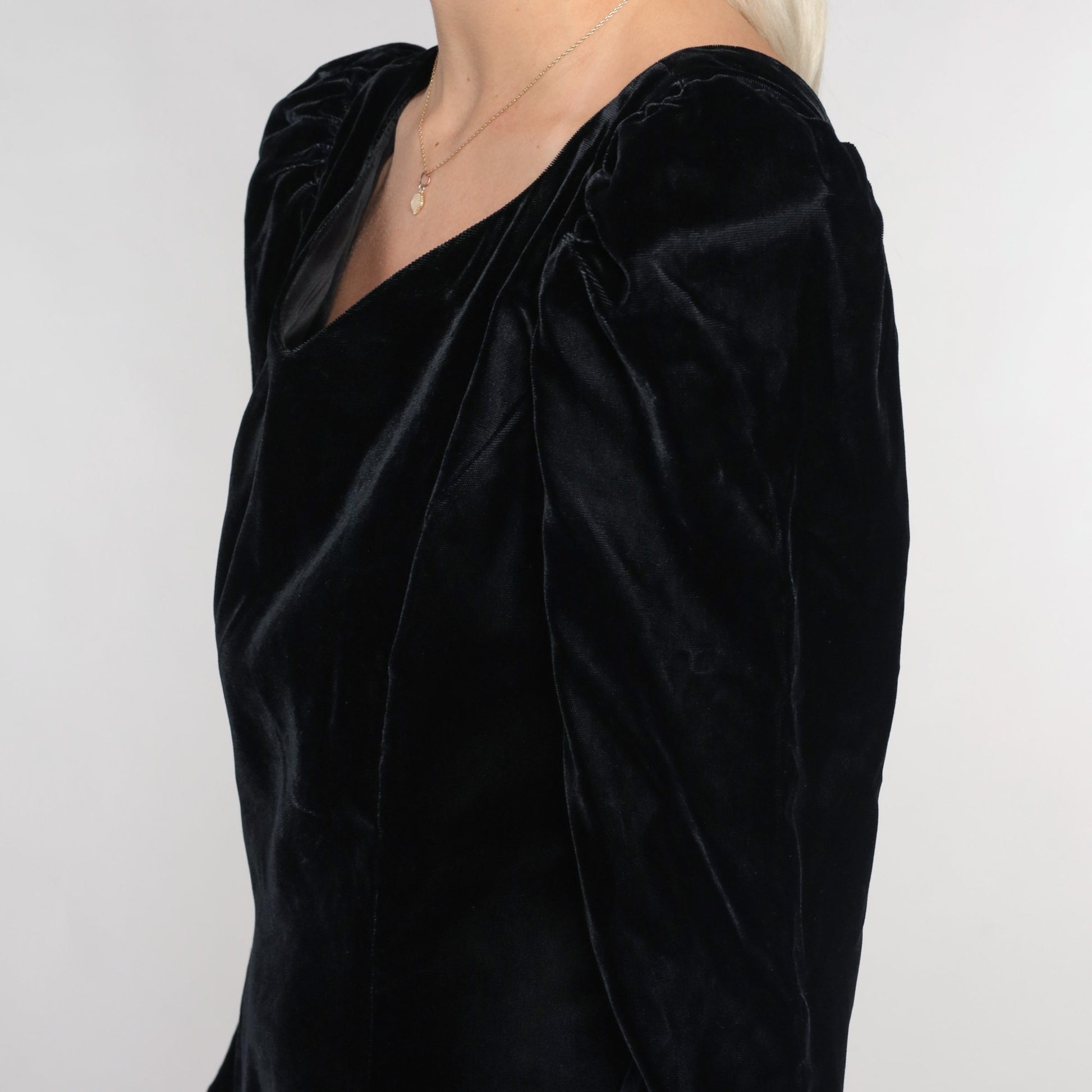 90s Black Velvet Midi Dress Puff Sleeve V-Neck Low Back Medium