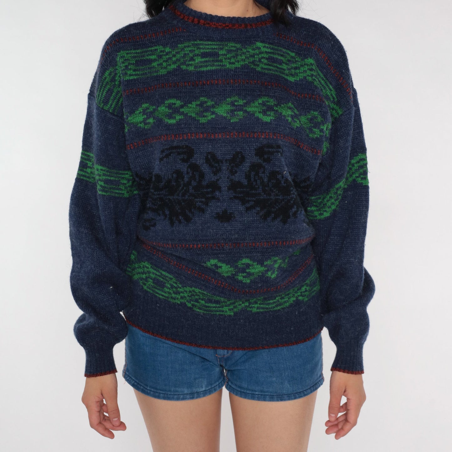 90s Blue Geometric Jacquard Wool Sweater Striped Crewneck Pullover Medium