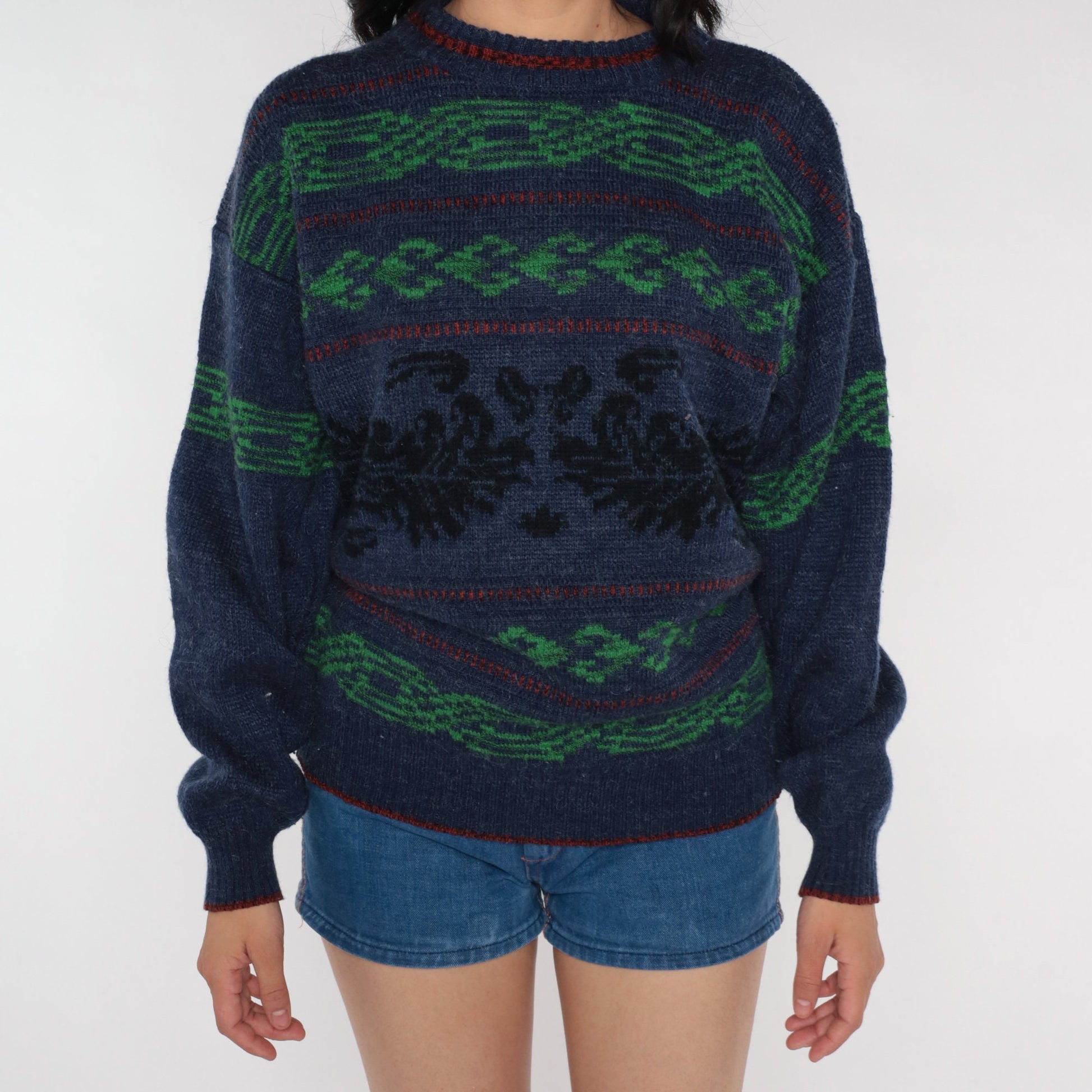 90s Blue Geometric Jacquard Wool Sweater Striped Crewneck Pullover Medium