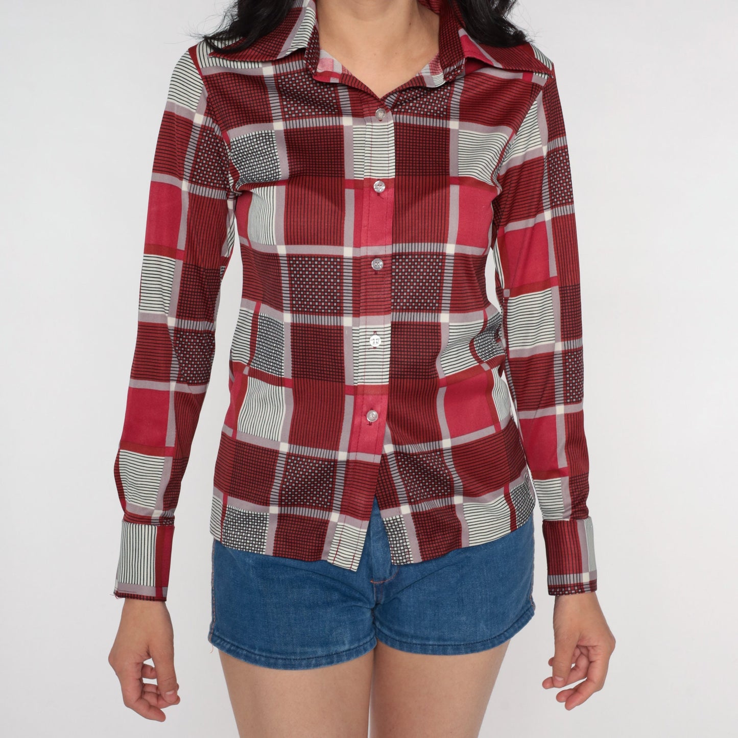 70s Red Checkered Button-Up Blouse Long Sleeve Collar Shirt Small