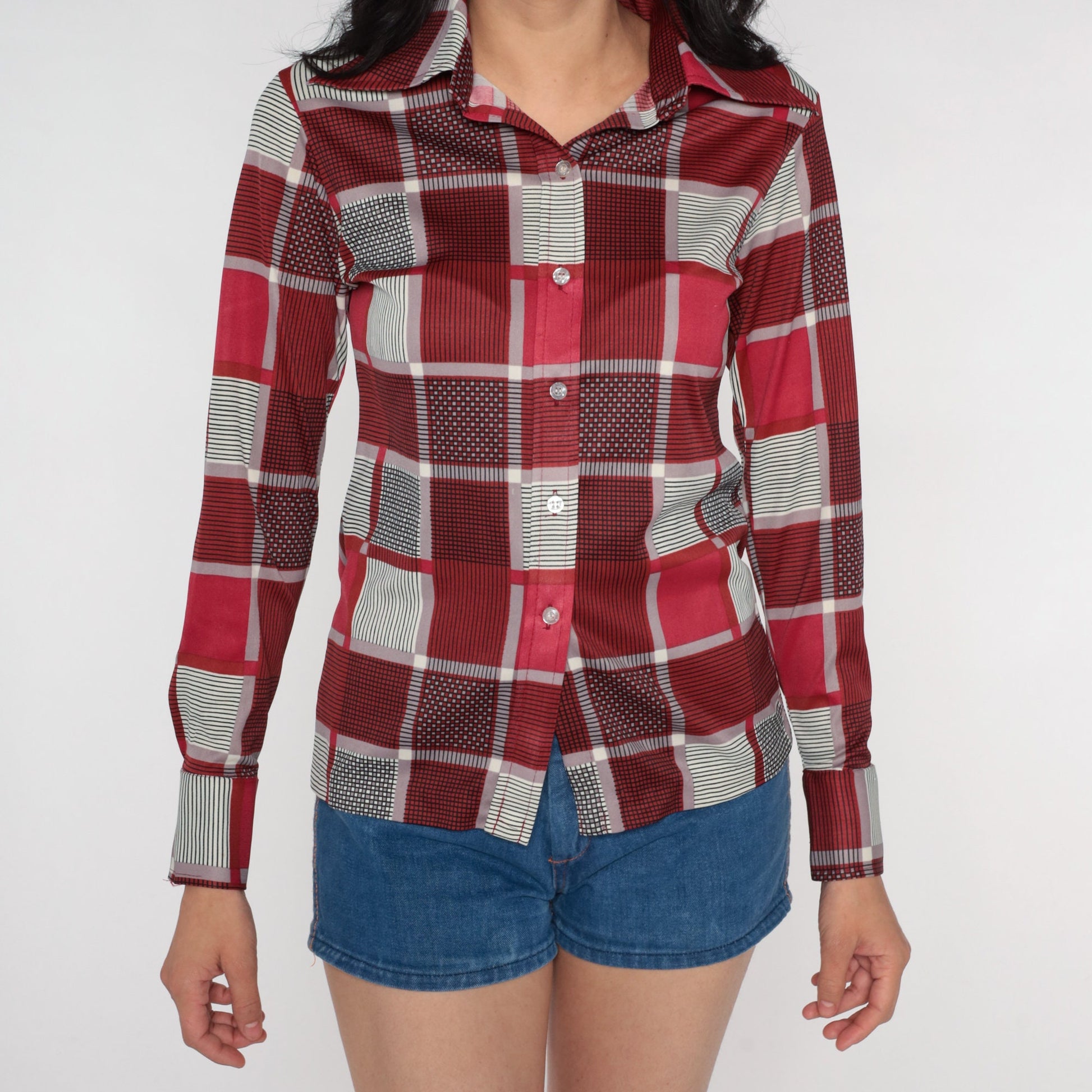 70s Red Checkered Button-Up Blouse Long Sleeve Collar Shirt Small