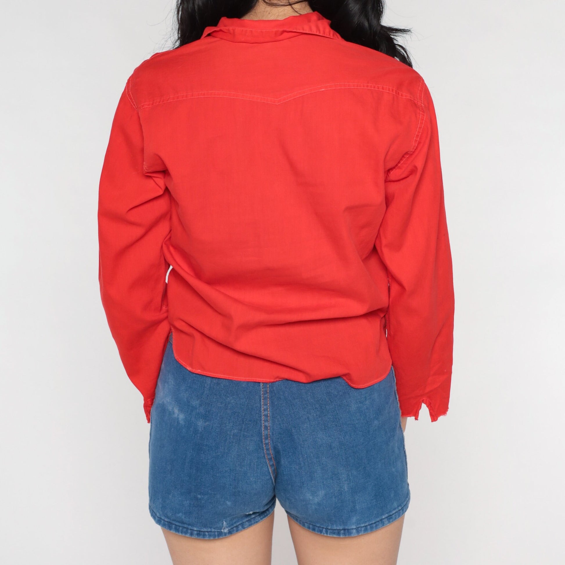 70s Red Cotton Blend Button-Up Shirt Long Sleeve Disco Blouse Small