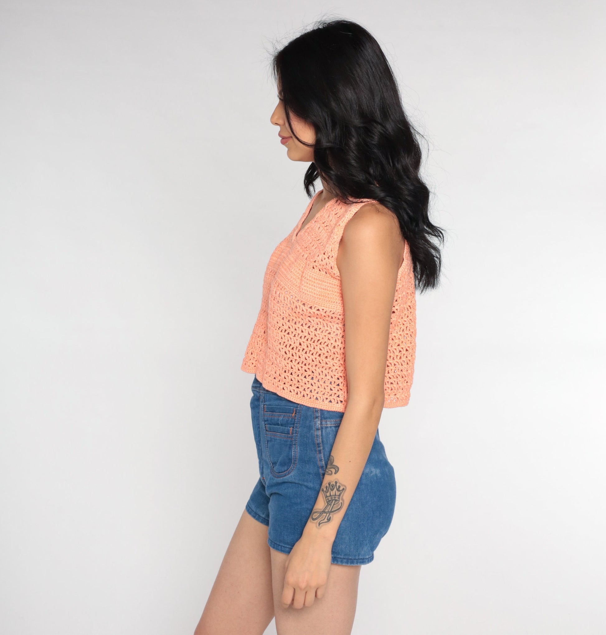80s Orange Crochet Crop Tank Top V Neck Open Weave Small