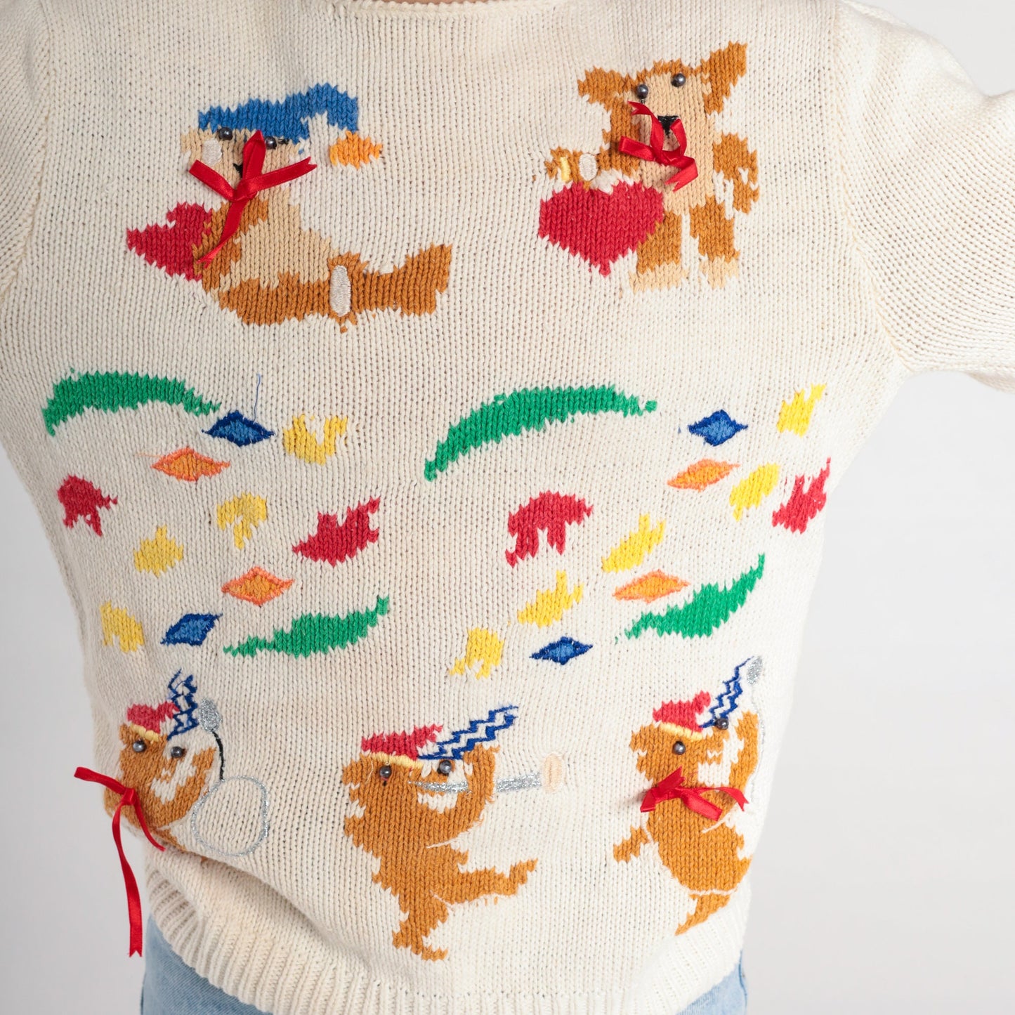 80s Animal Marching Band Sweater Teddy Bear Possum Dog Knit Medium