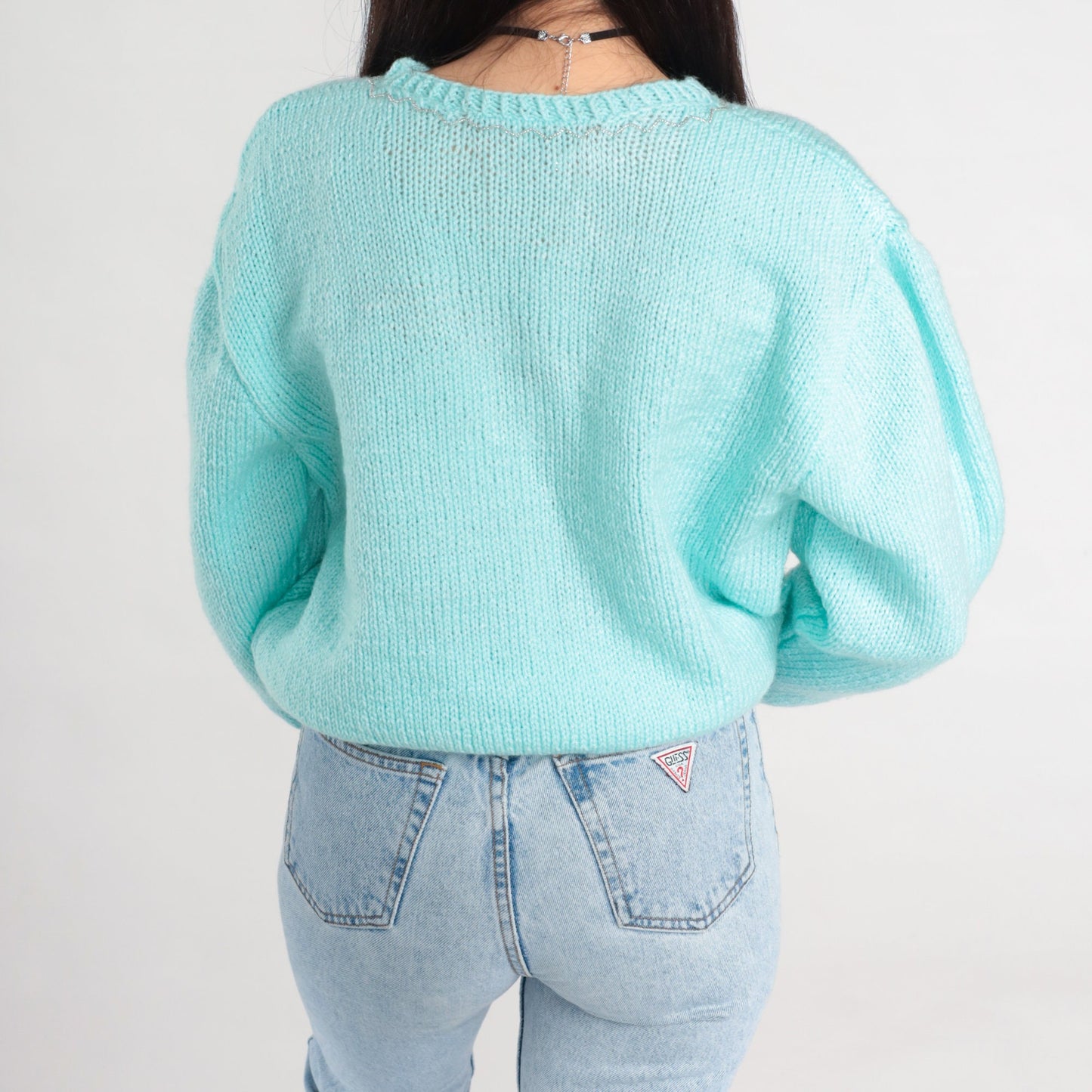 80s Mint Blue Floral Beaded Sequin Knit Sweater Pullover Medium