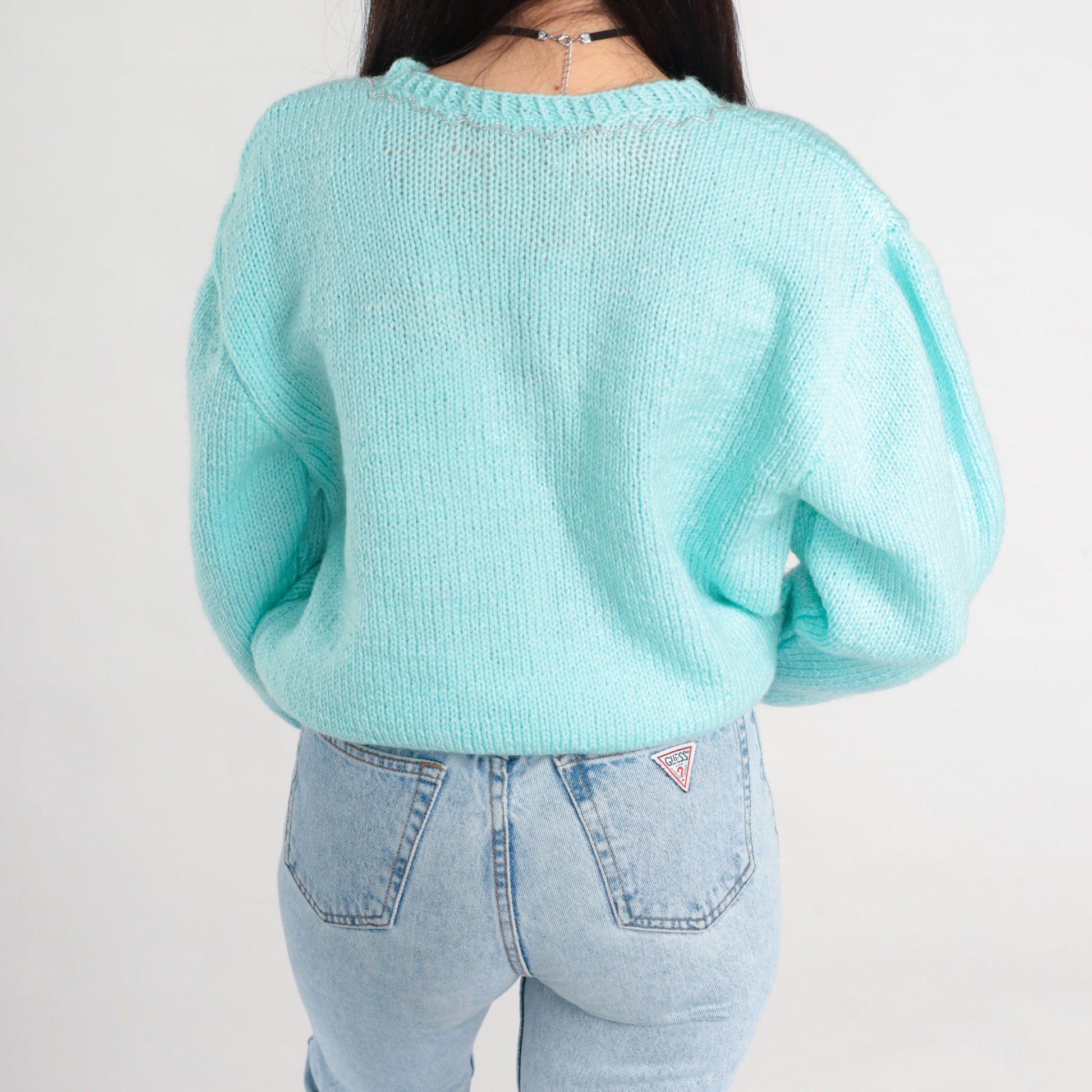 80s Mint Blue Floral Beaded Sequin Knit Sweater Pullover Medium