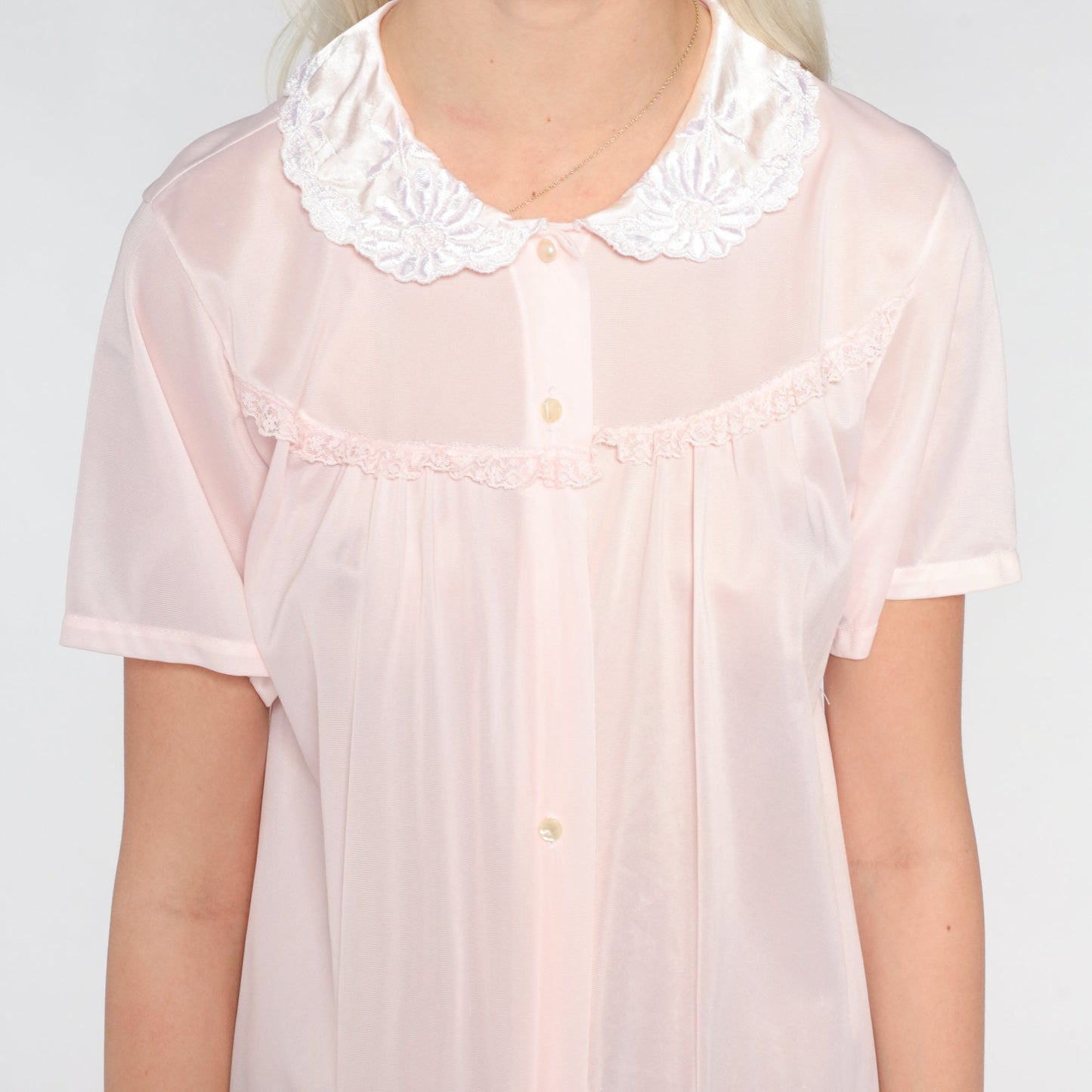 80s Pale Pink Floral Embroidered Nylon Nightgown Collared Mini Dress Medium M