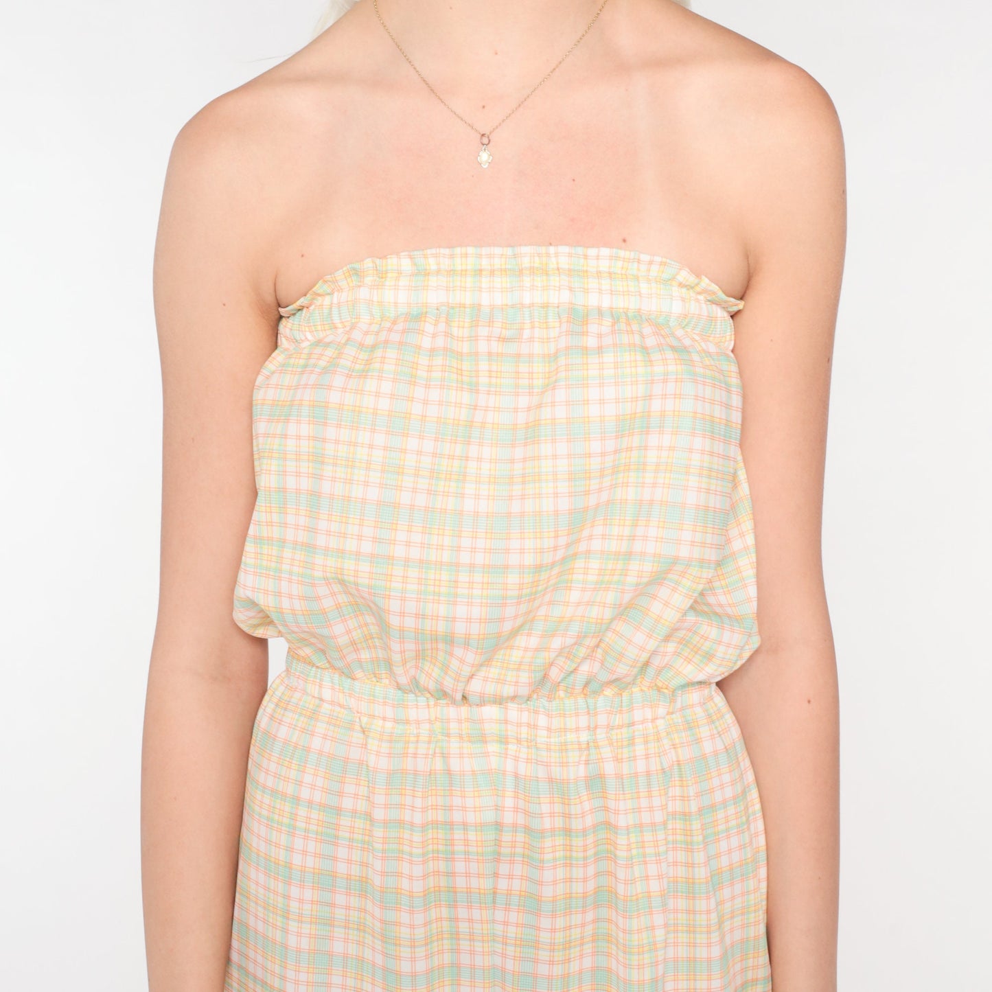 70s Plaid Strapless Jumpsuit Straight Leg High Waist White Yellow Small