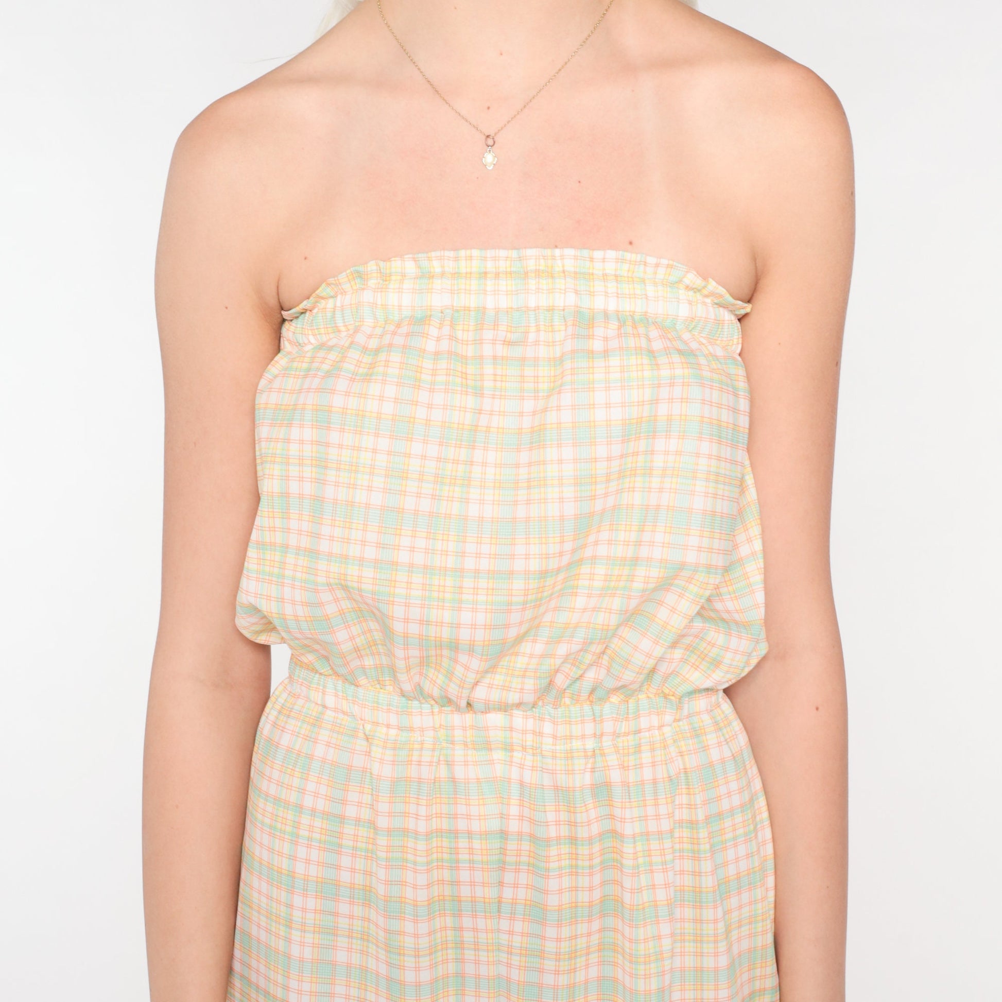 70s Plaid Strapless Jumpsuit Straight Leg High Waist White Yellow Small