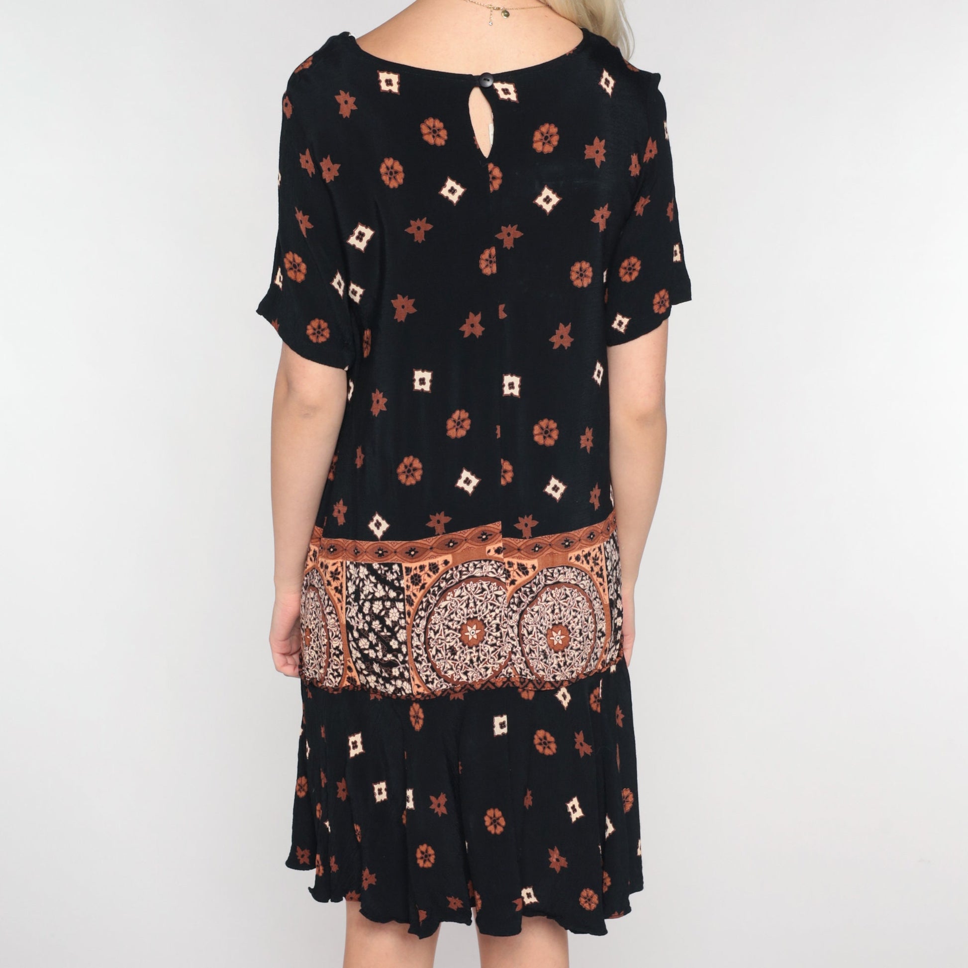 90s Black Mini Dress Abstract Floral Tile Print Short Sleeve Small S