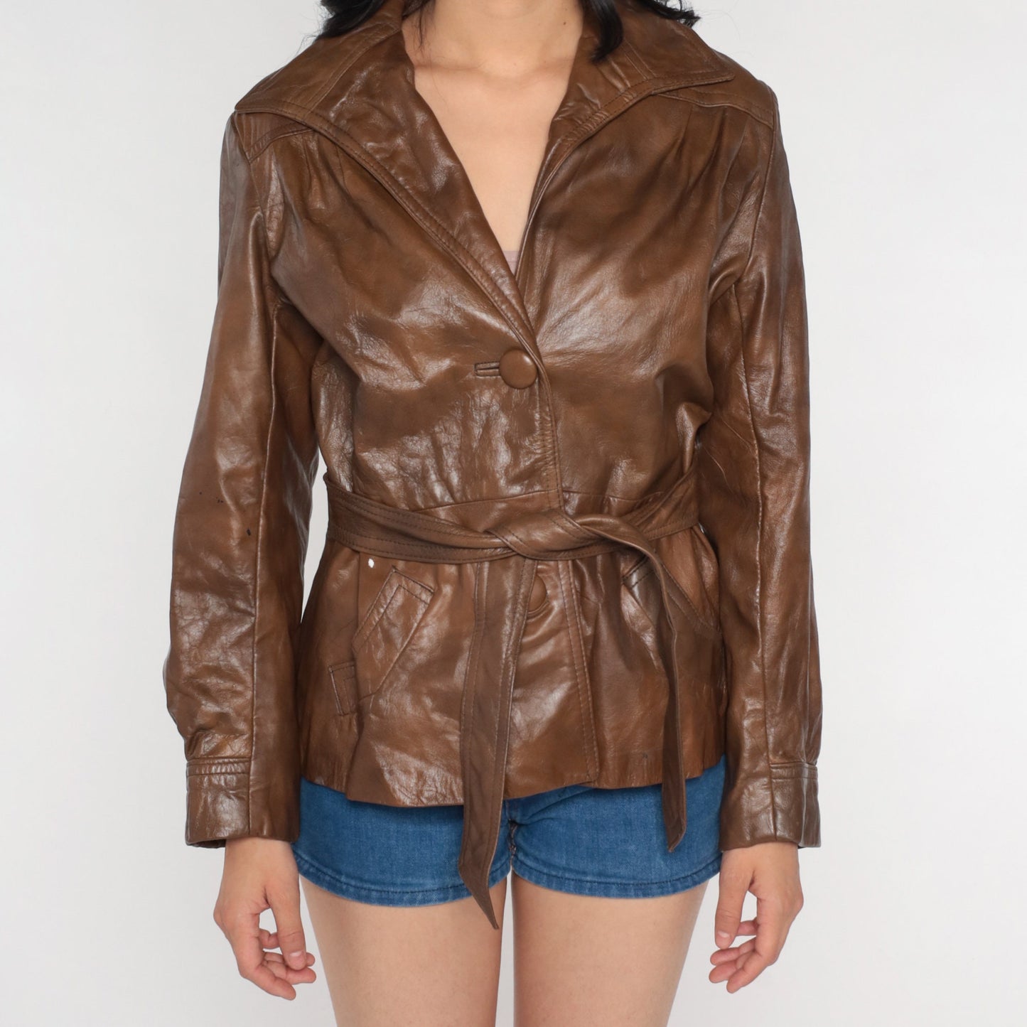 70s Wilson's Leather Jacket Brown Belted Button-Up Small Medium
