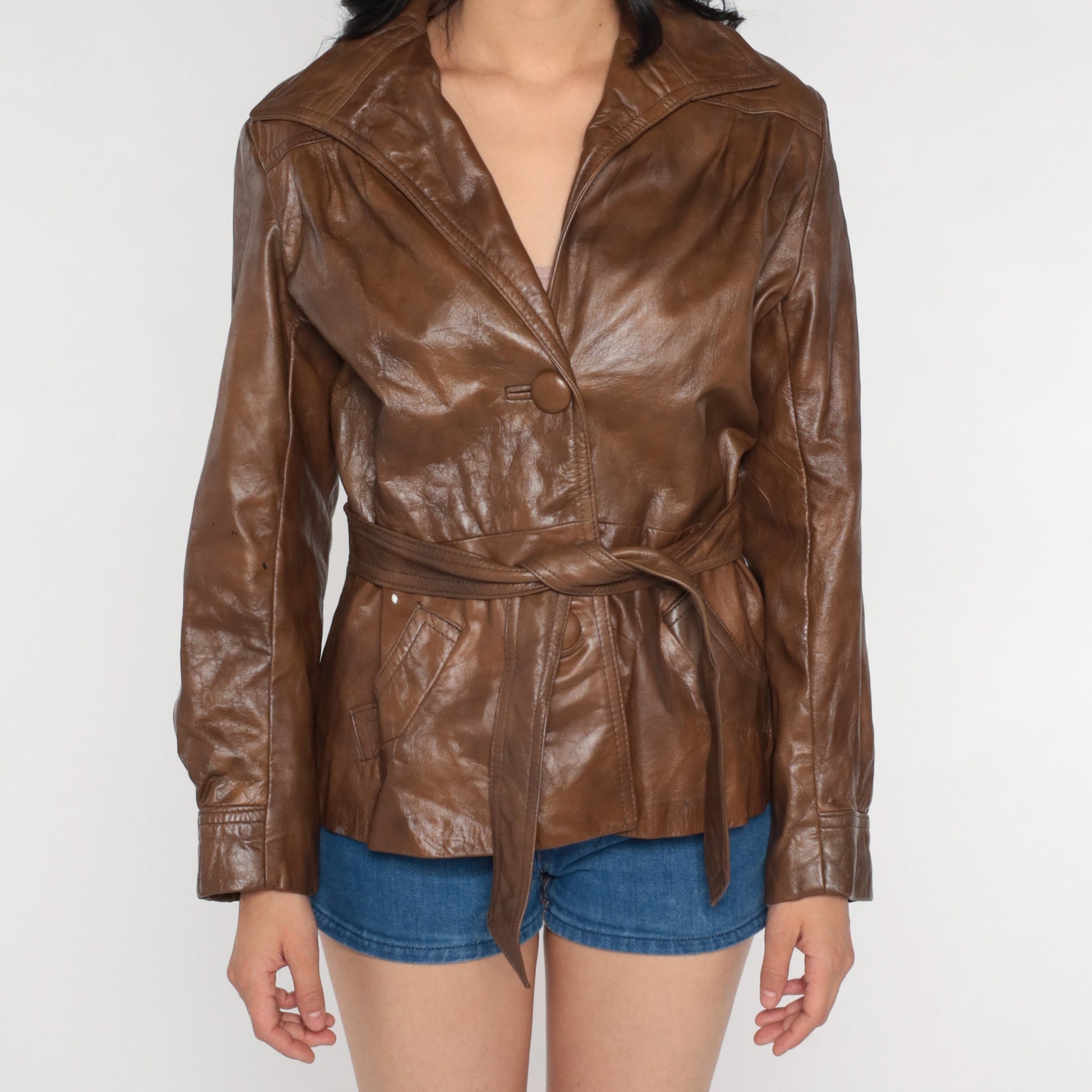 70s Wilson's Leather Jacket Brown Belted Button-Up Small Medium
