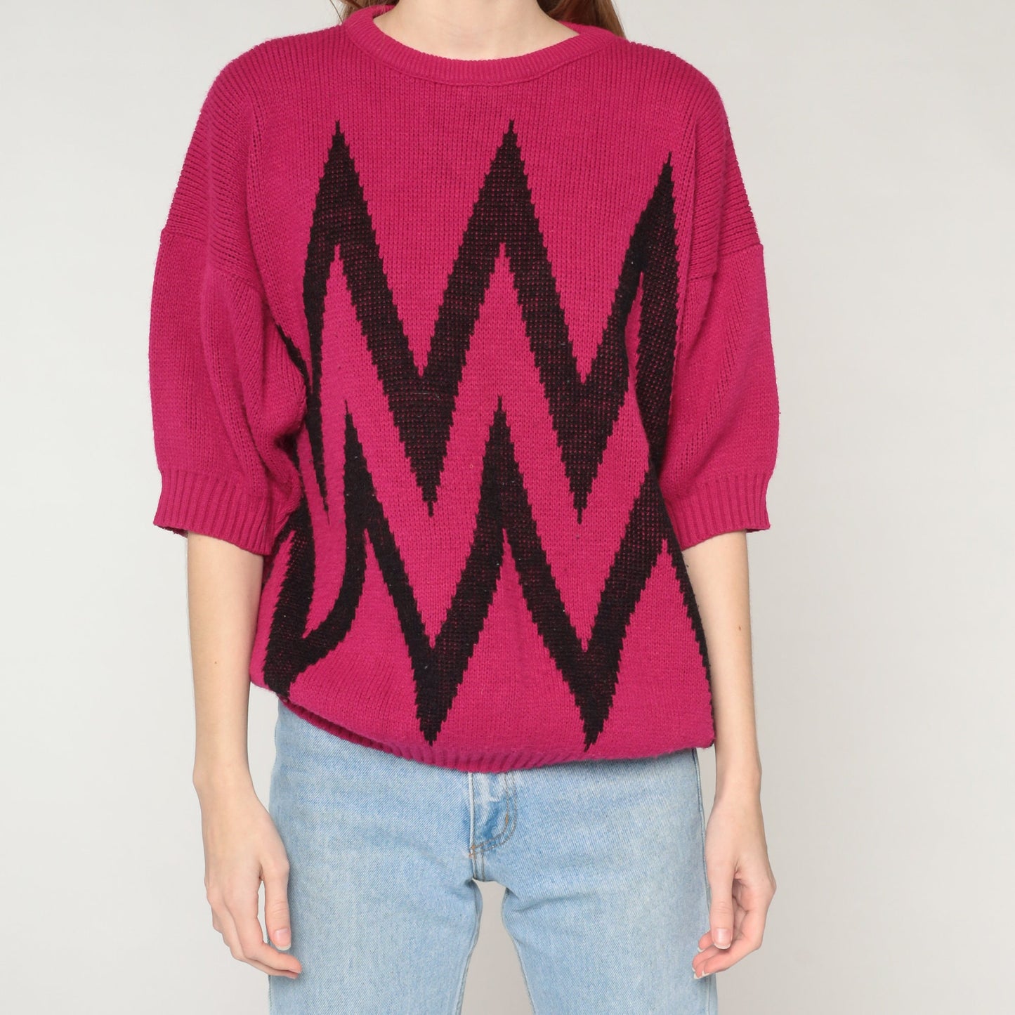 90s Magenta Striped Knit Sweater Short Sleeve Black Chevron Large L