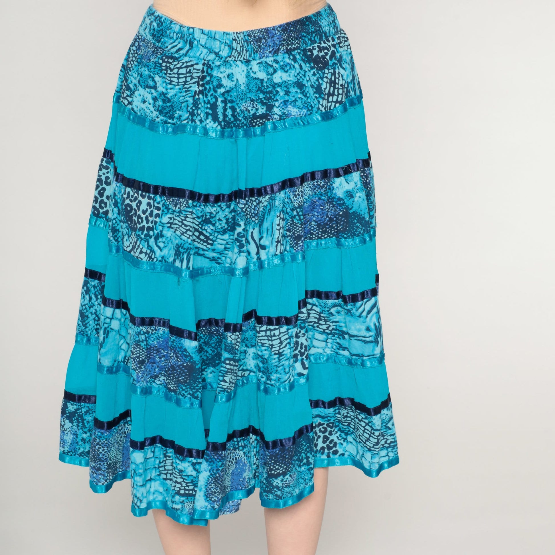 00s Blue Tiered Midi Skirt Animal Print Ribbon Trim Cotton Small