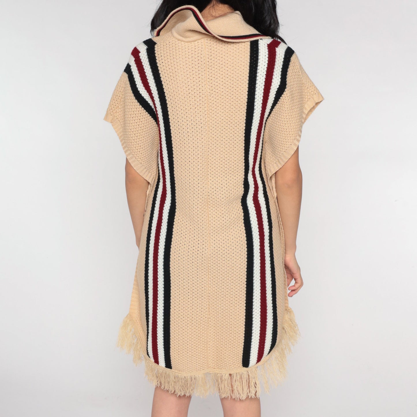 70s Tan Striped Knit Poncho Collared Fringe Shawl One Size