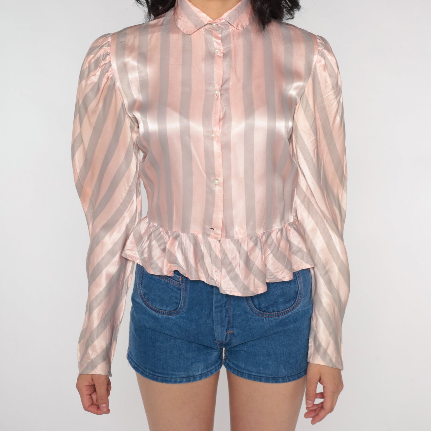 80s Striped Peplum Blouse Pink Grey Puff Sleeve Acetate Extra Small XS