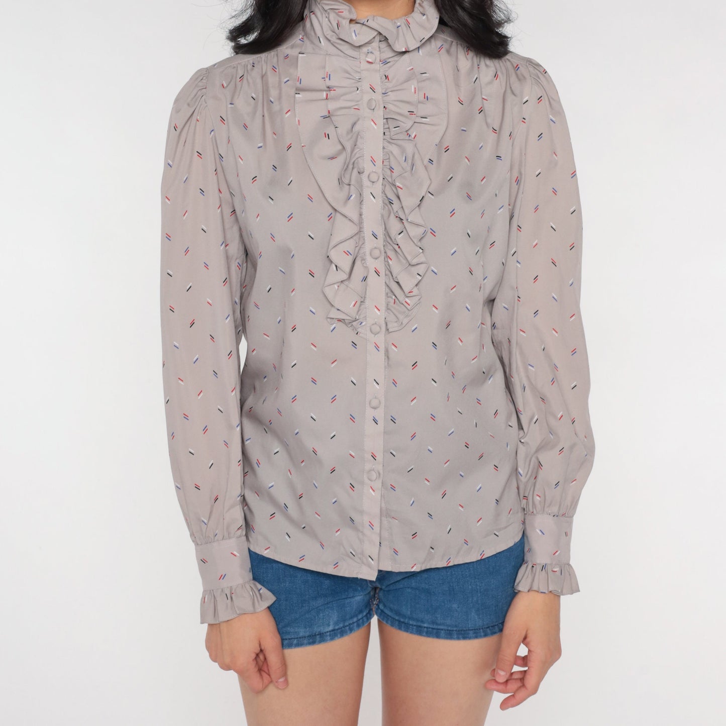 80s Grey Ruffle Neck Puff Sleeve Button-Up Blouse Confetti Stripe Small