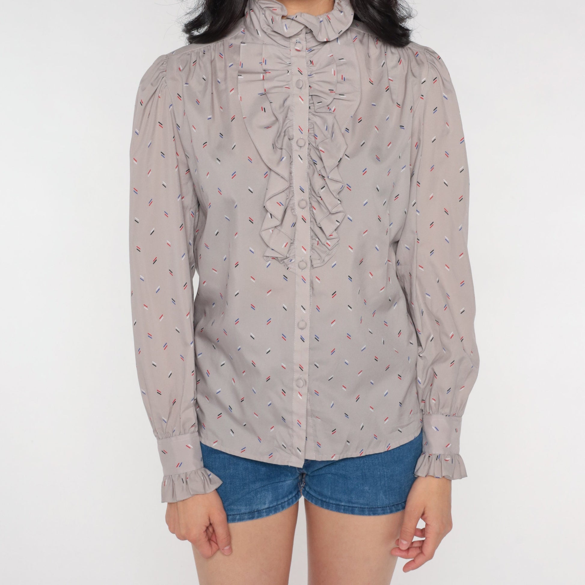 80s Grey Ruffle Neck Puff Sleeve Button-Up Blouse Confetti Stripe Small