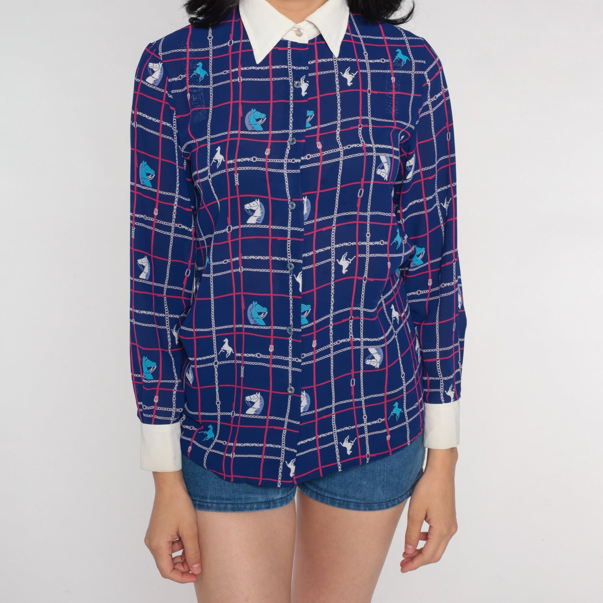 80s Navy Horse Print Button-Up Blouse White Collar Long Sleeve Small