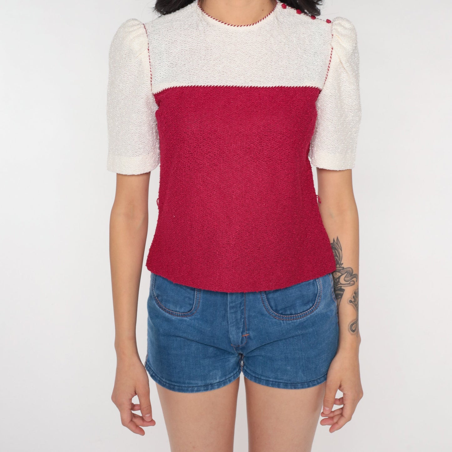 80s Raspberry White Color Block Knit Puff Sleeve Top Extra Small