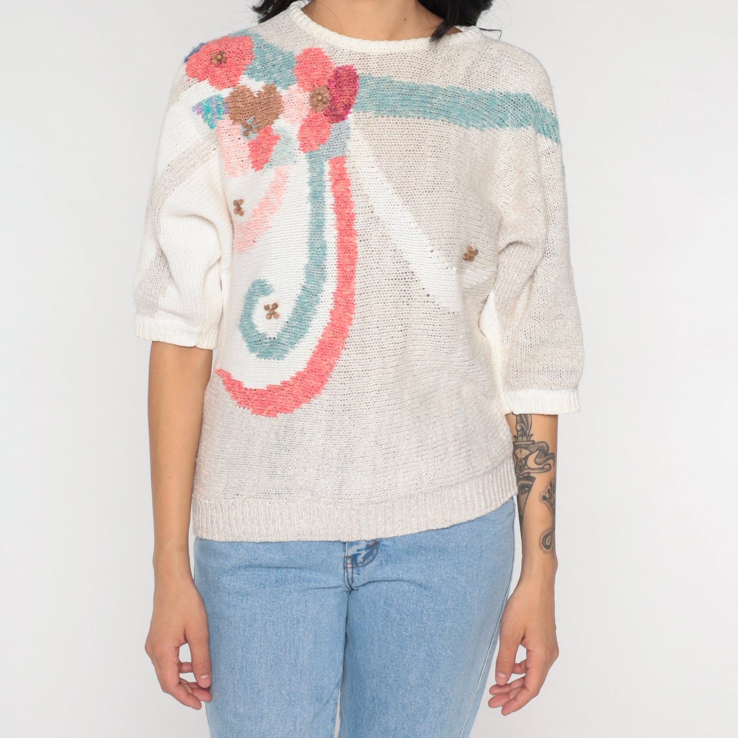 90s Koret Beaded Floral Knit Top Short Sleeve White Small