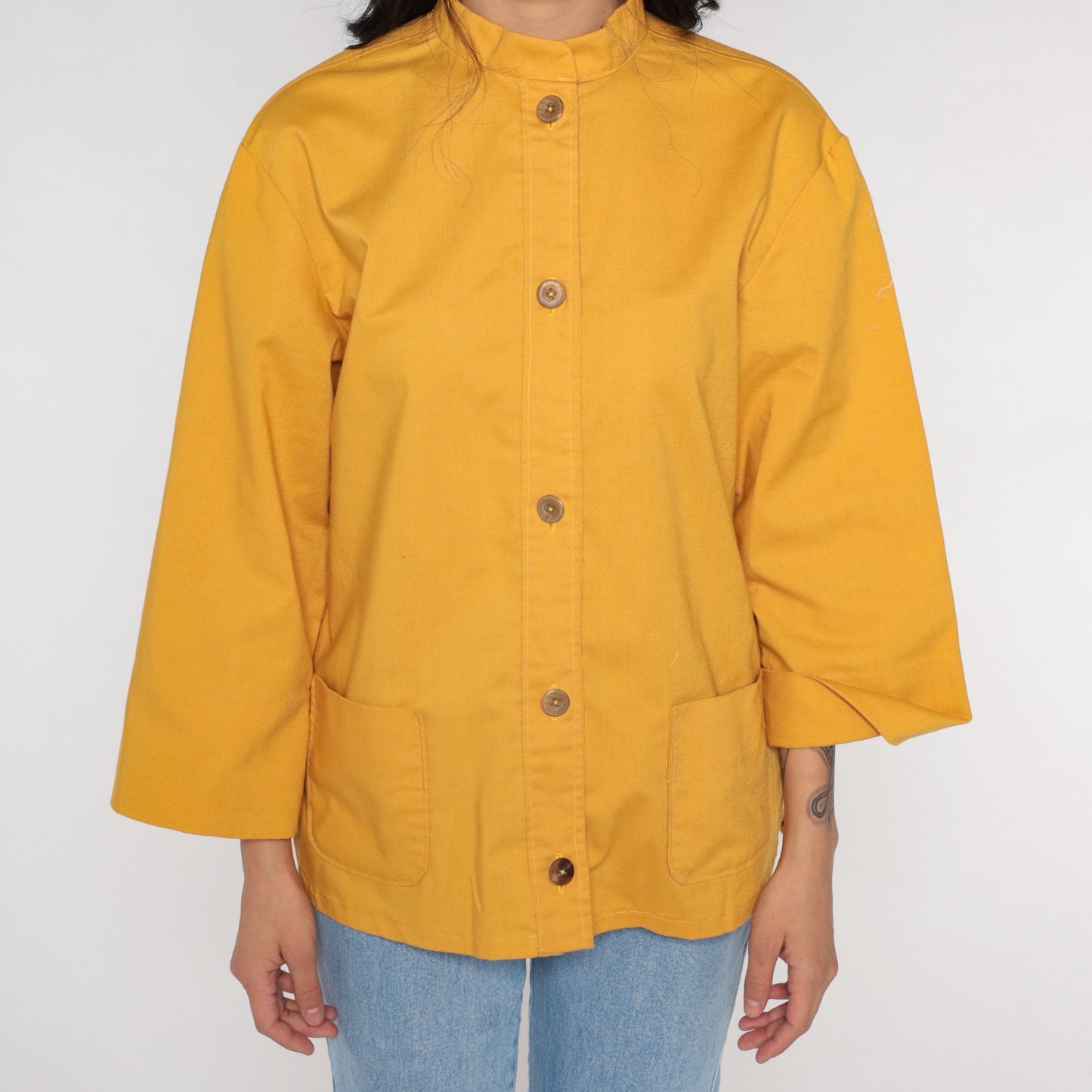 80s Yellow Cotton Blend Button-Up Blouse Long Sleeve Oxford Shirt Medium