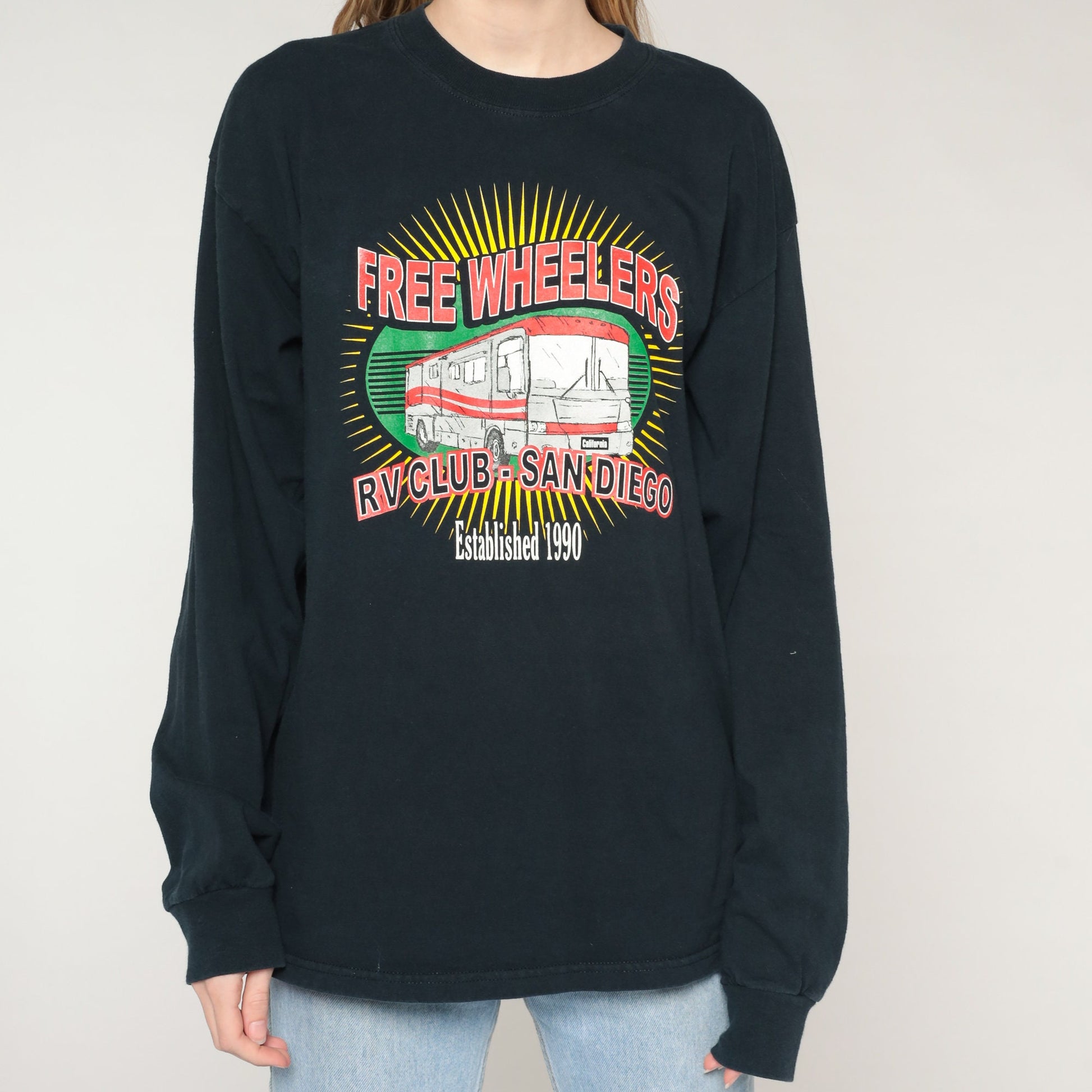 90s Freewheelers RV Club San Diego Long Sleeve Graphic Tee Black Large L