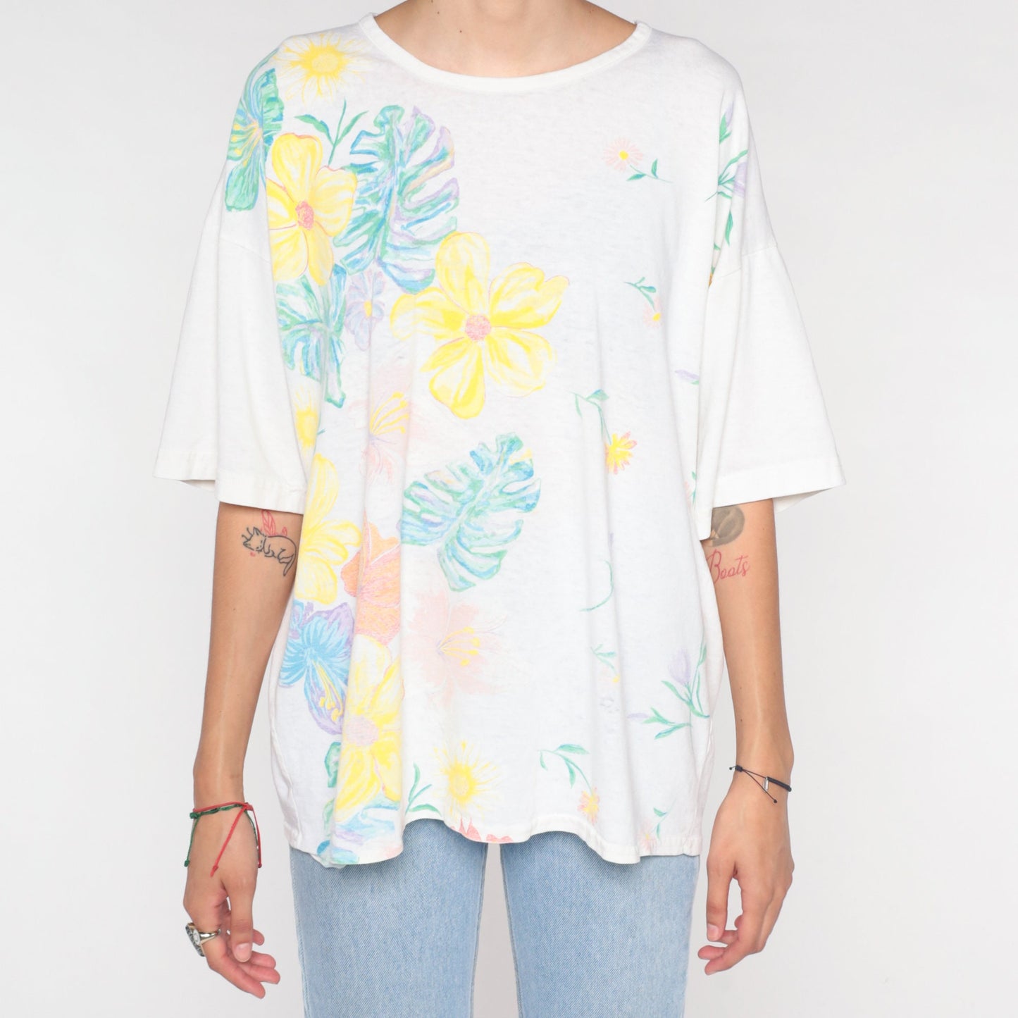 90s Painted Floral Monstera Leaf Graphic T-Shirt White Cotton Tee One Size