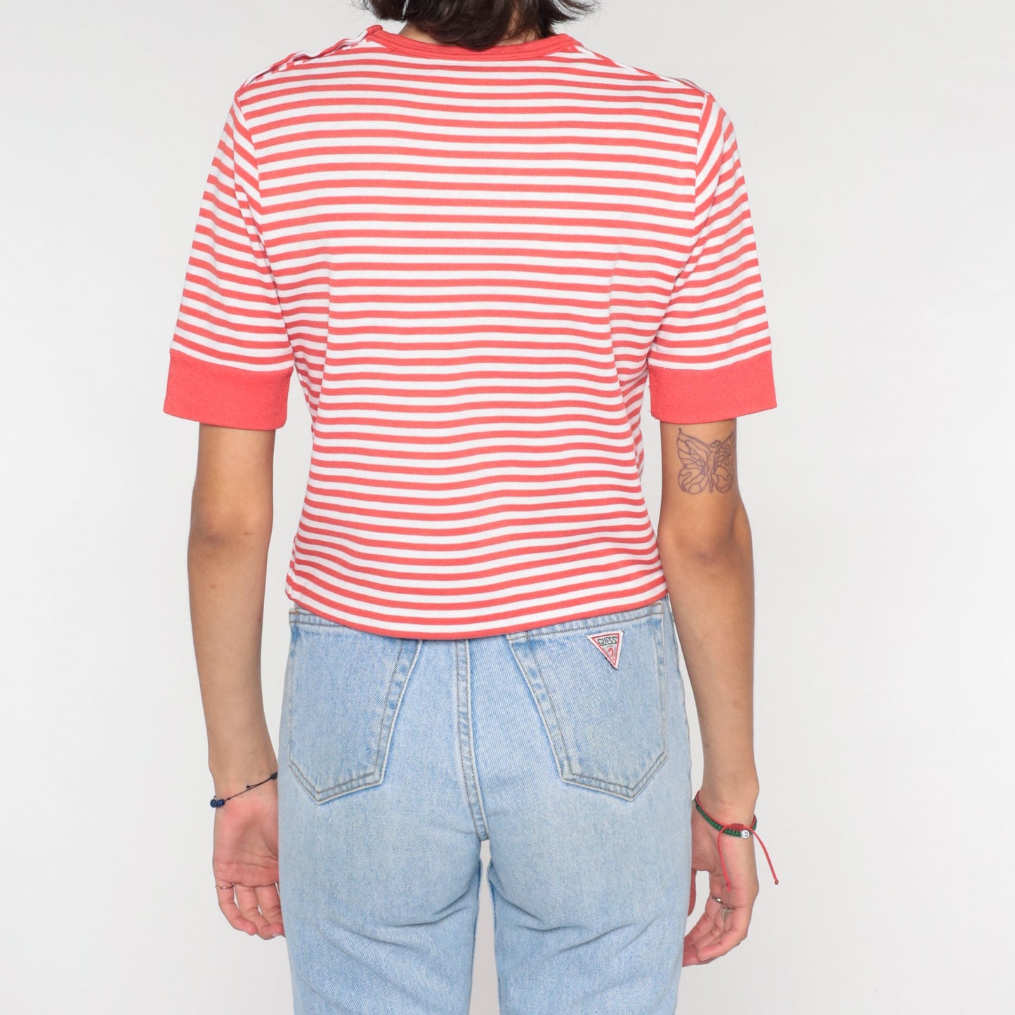 90s Red White Striped V-Neck T-Shirt Ringer Tee Medium