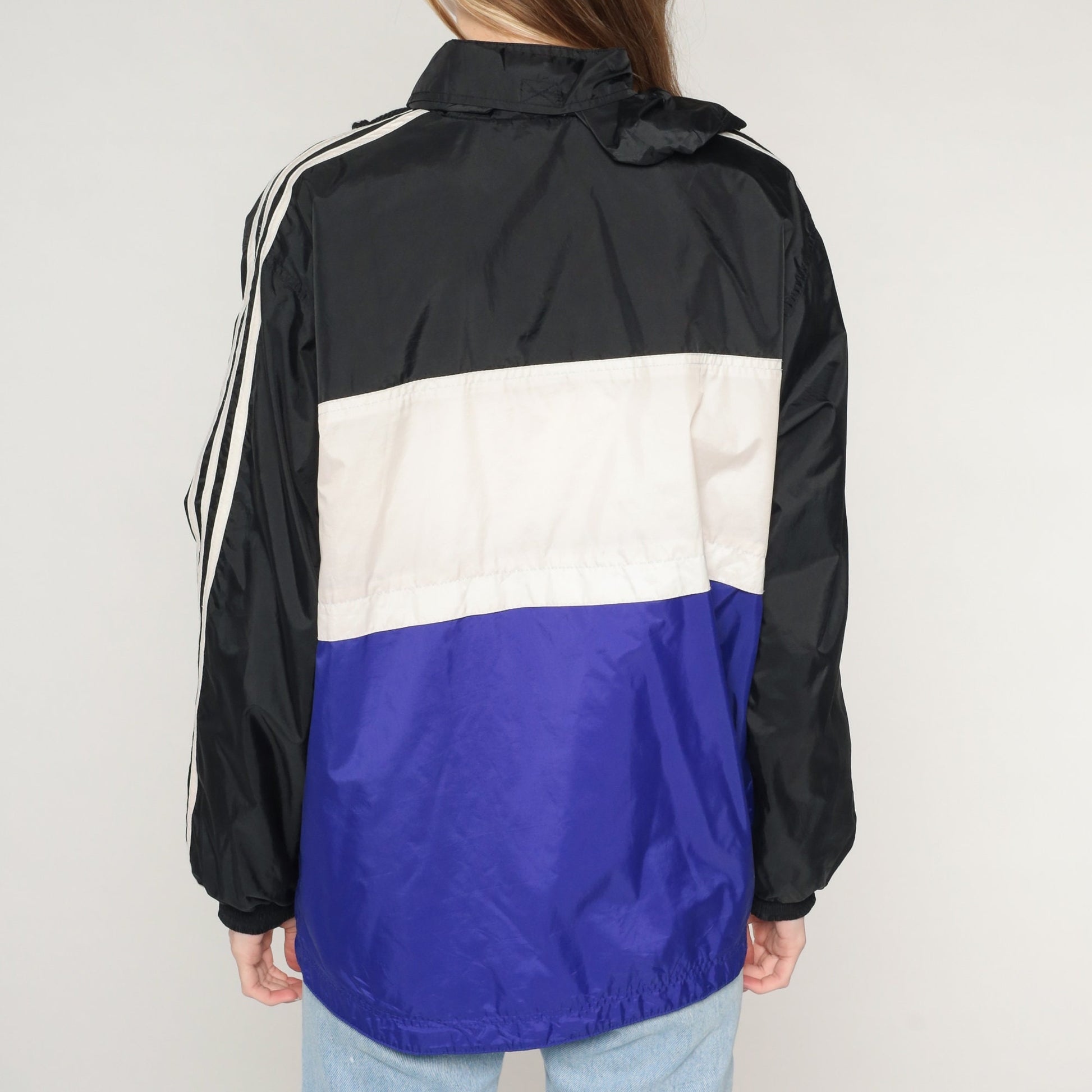 Y2K Adidas Windbreaker Jacket Black White Purple Striped Colour Block 2XL