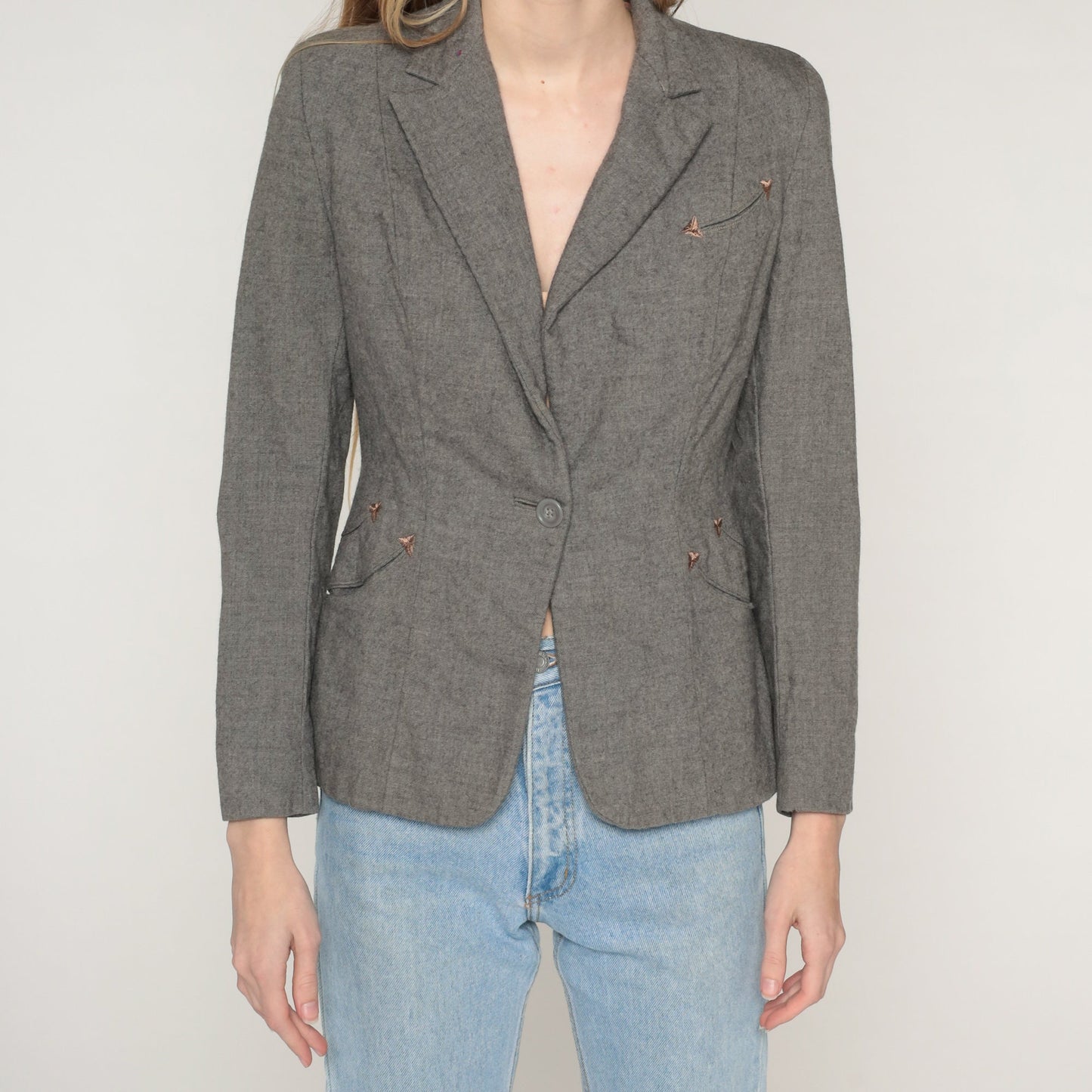 60s Grey Wool Blazer Single Button Jacket Embroidered Pockets Extra Small