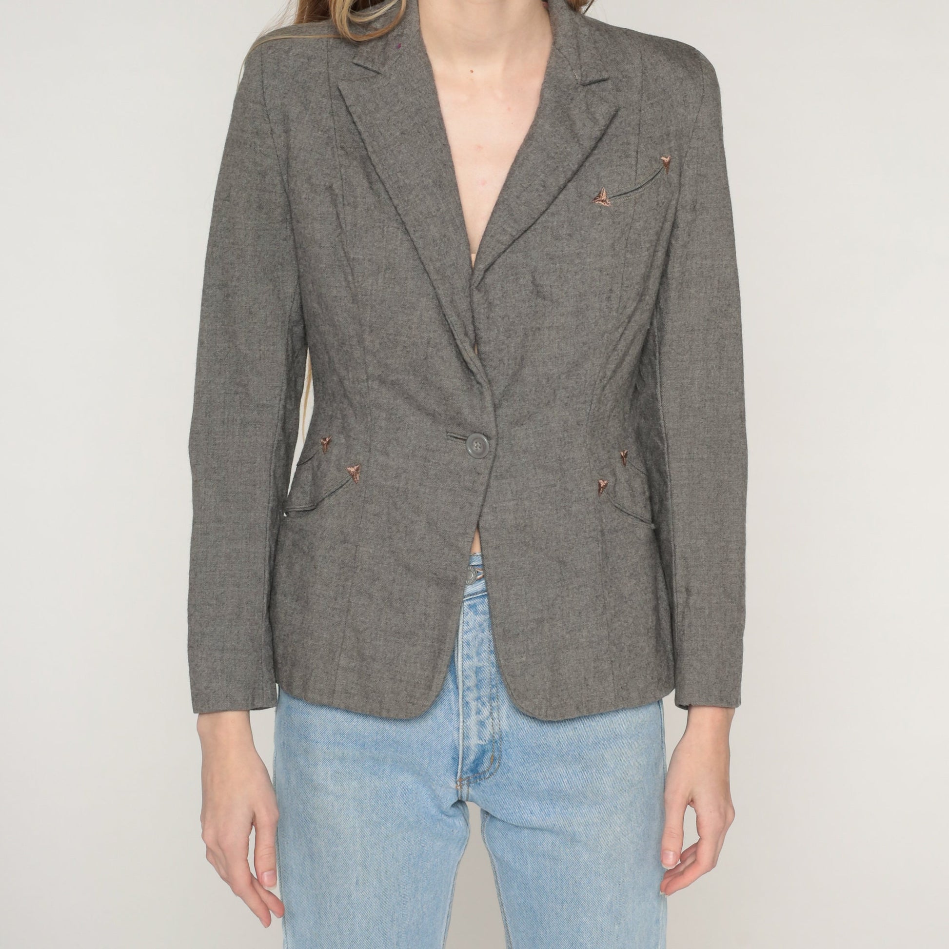60s Grey Wool Blazer Single Button Jacket Embroidered Pockets Extra Small