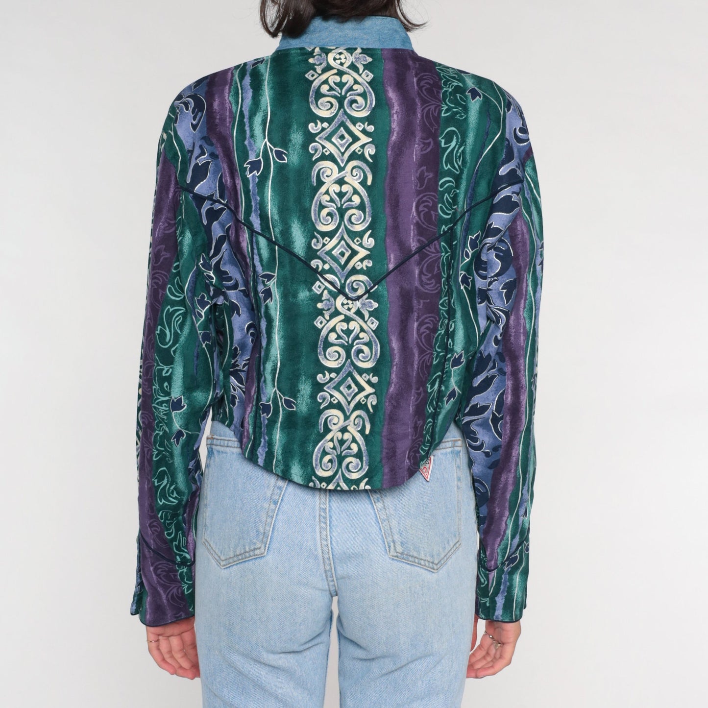 90s Wrangler Abstract Striped Button Up Blouse Long Sleeve High Neck Cotton Large