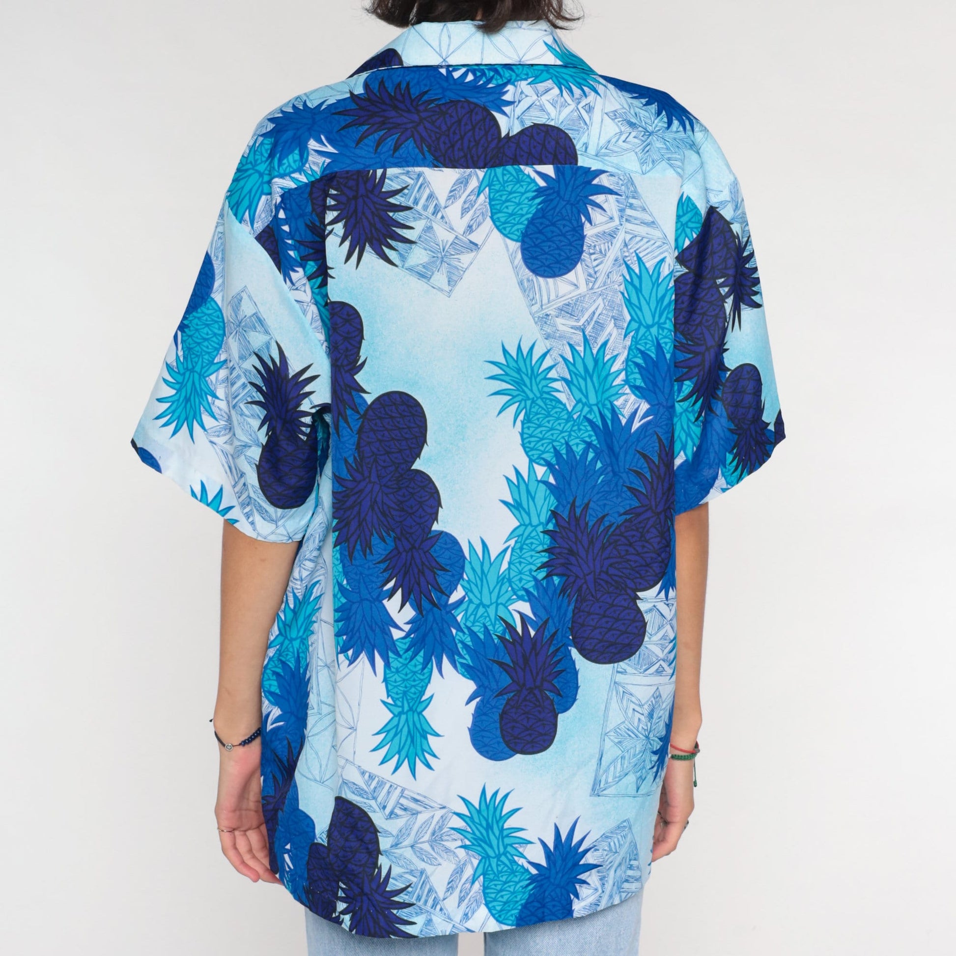 70s Blue Pineapple Tropical Button Up Shirt Short Sleeve Men's Large