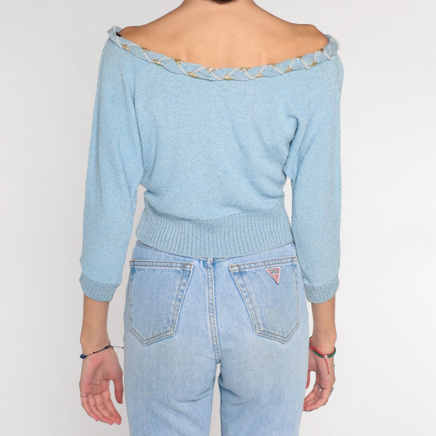 70s Dusty Blue Knit Sweater Off-Shoulder Sequin Beaded Pullover Small S