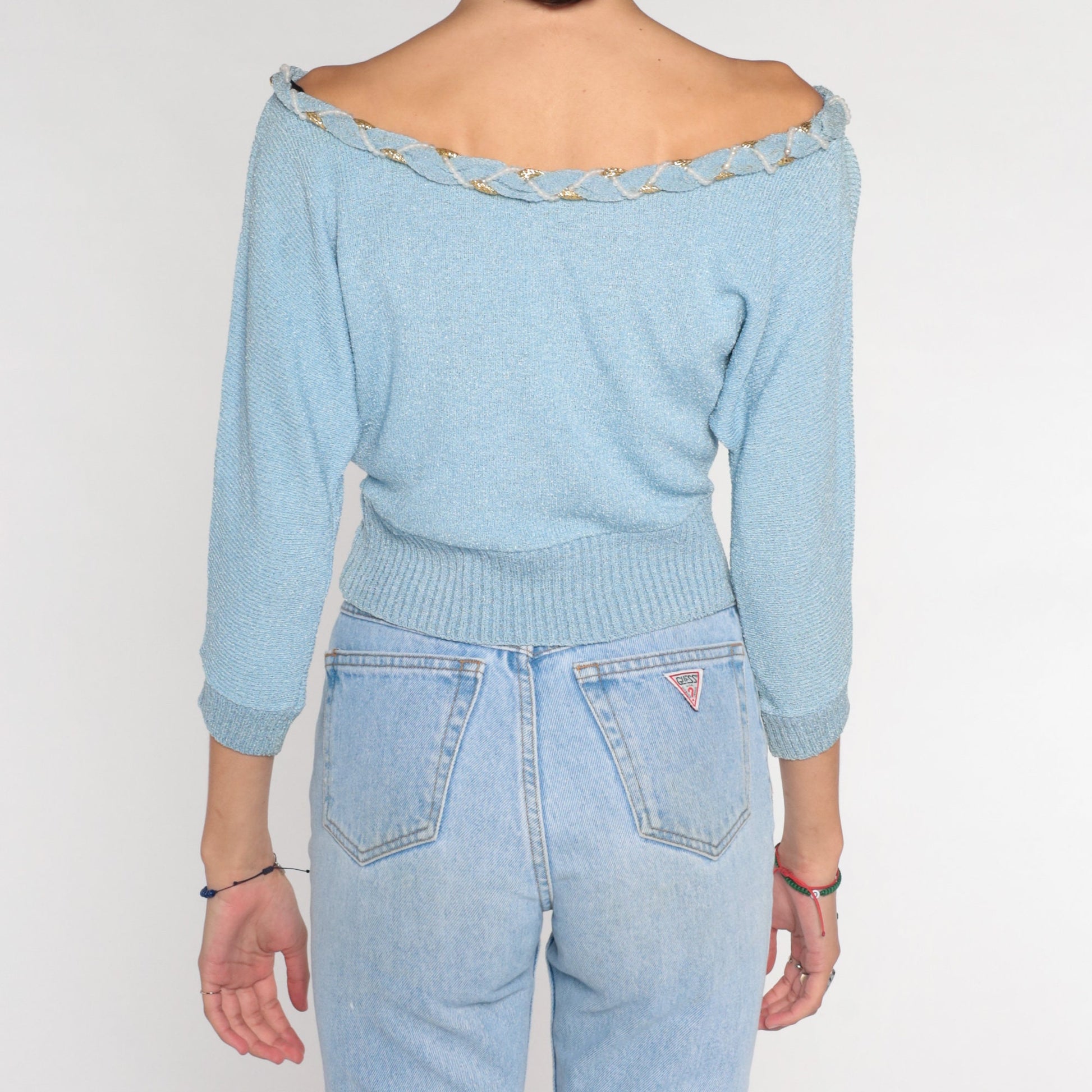 70s Dusty Blue Knit Sweater Off-Shoulder Sequin Beaded Pullover Small S