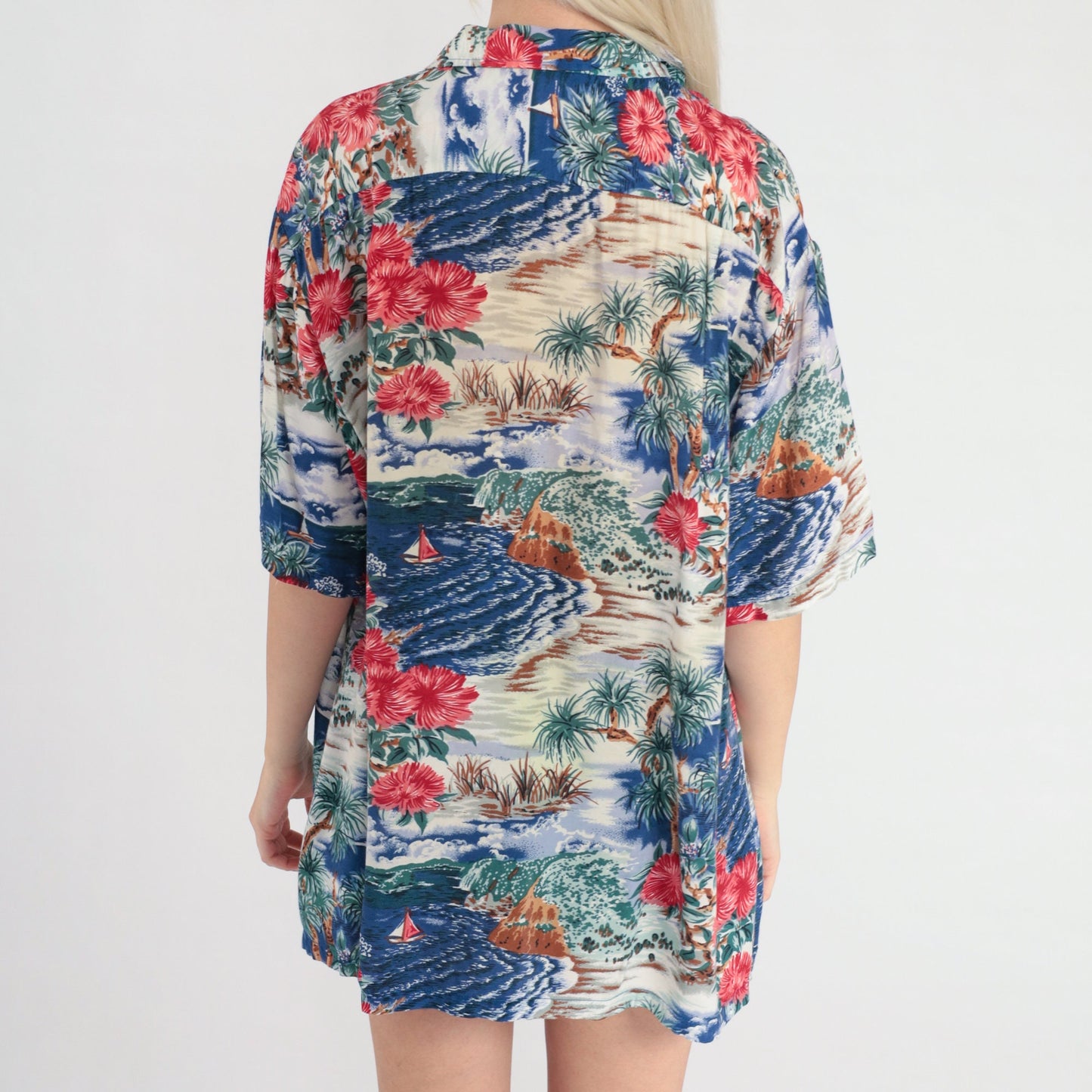 Y2K Hawaiian Islands Button Up Shirt Tropical Print Blue Sailboat Extra Large