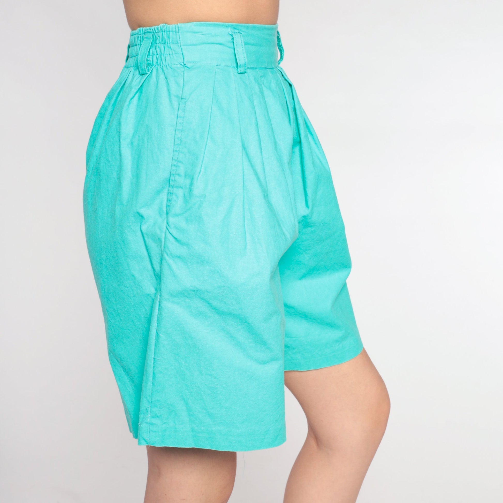 90s Turquoise Pleated High-Waisted Shorts Cotton Preppy Extra Small XS